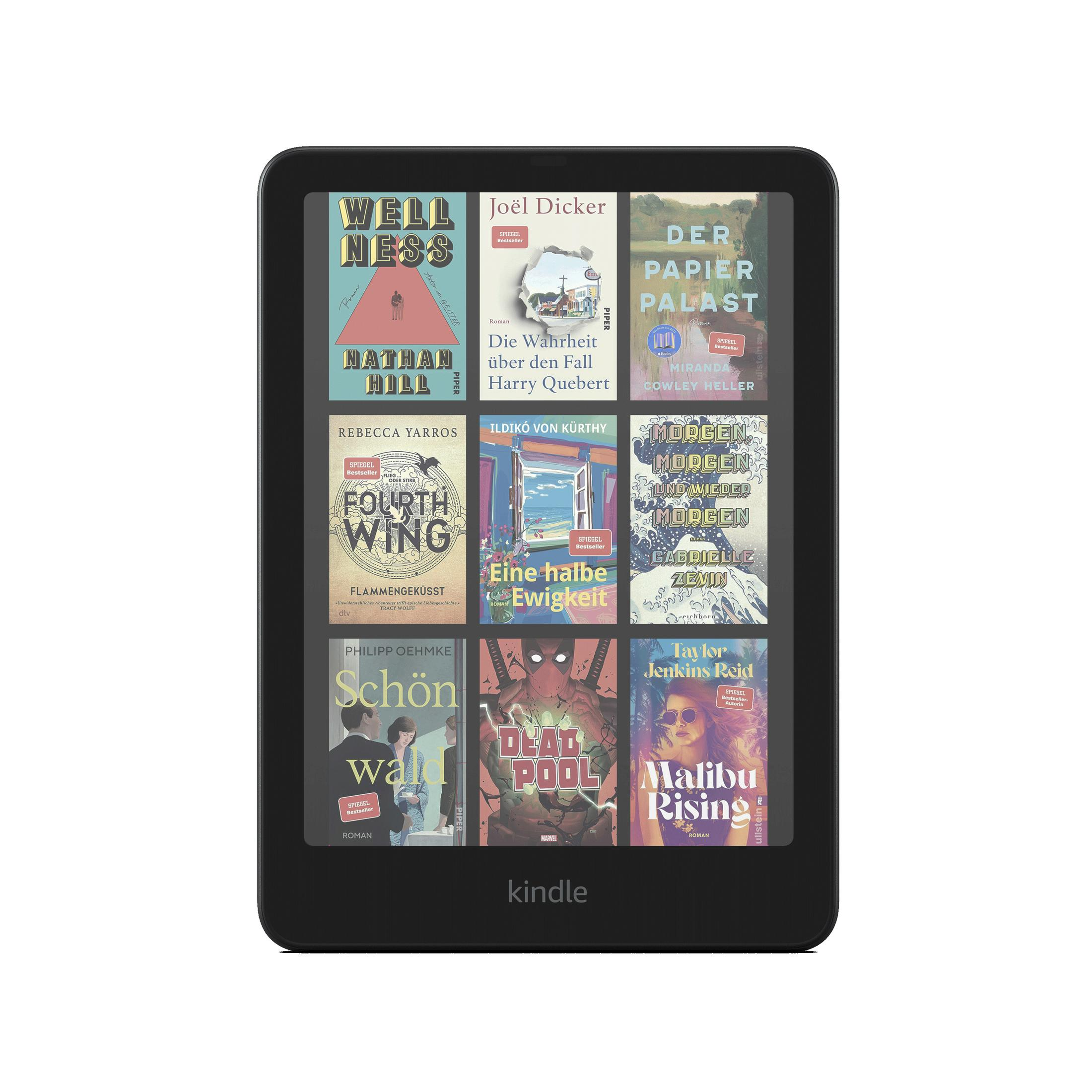 E-reader Kindle che mostra le copertine dei libri. Lo schermo mostra diverse copertine. Nero.