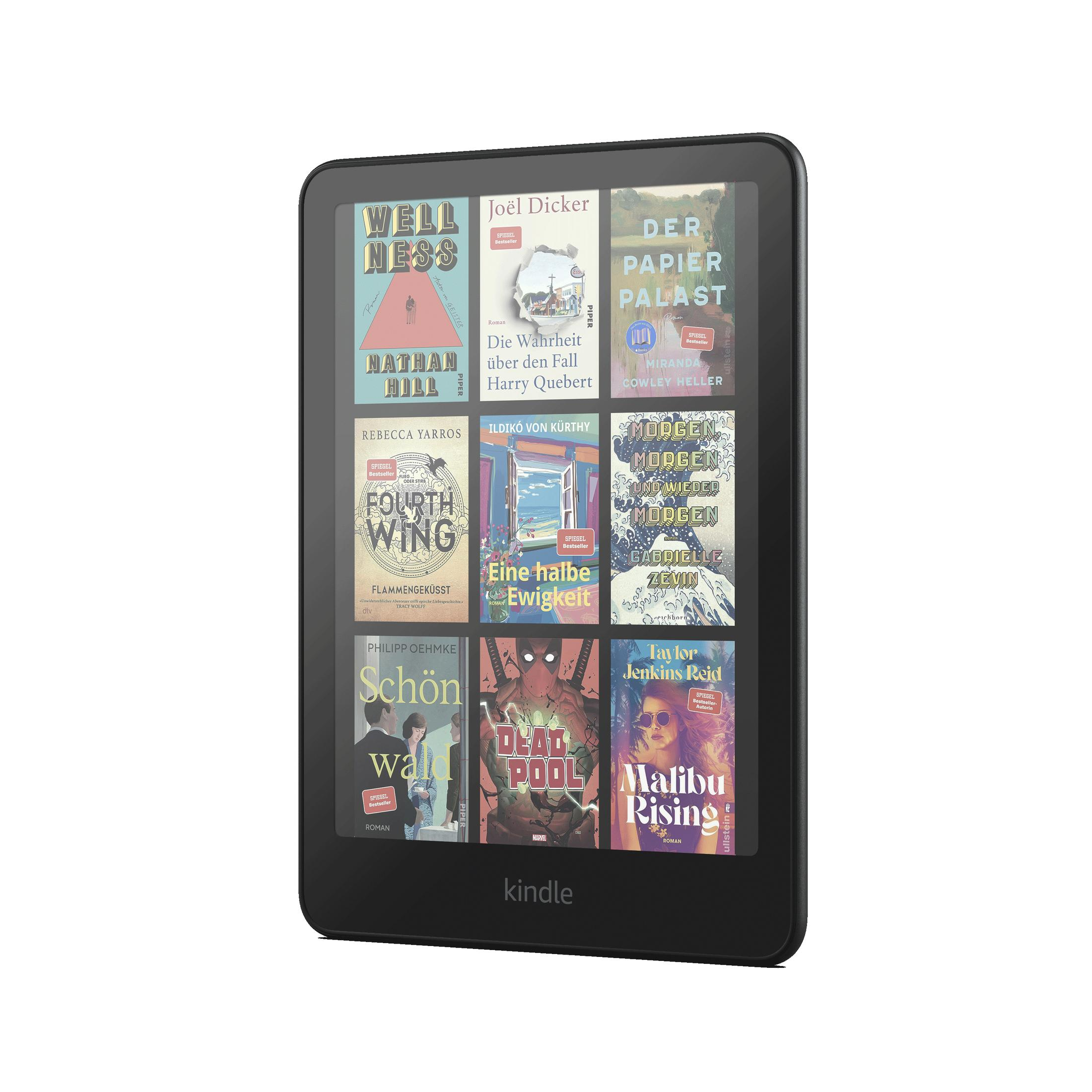 Un e-reader Kindle nero che mostra copertine di libri. Lo schermo mostra vari titoli di libri.