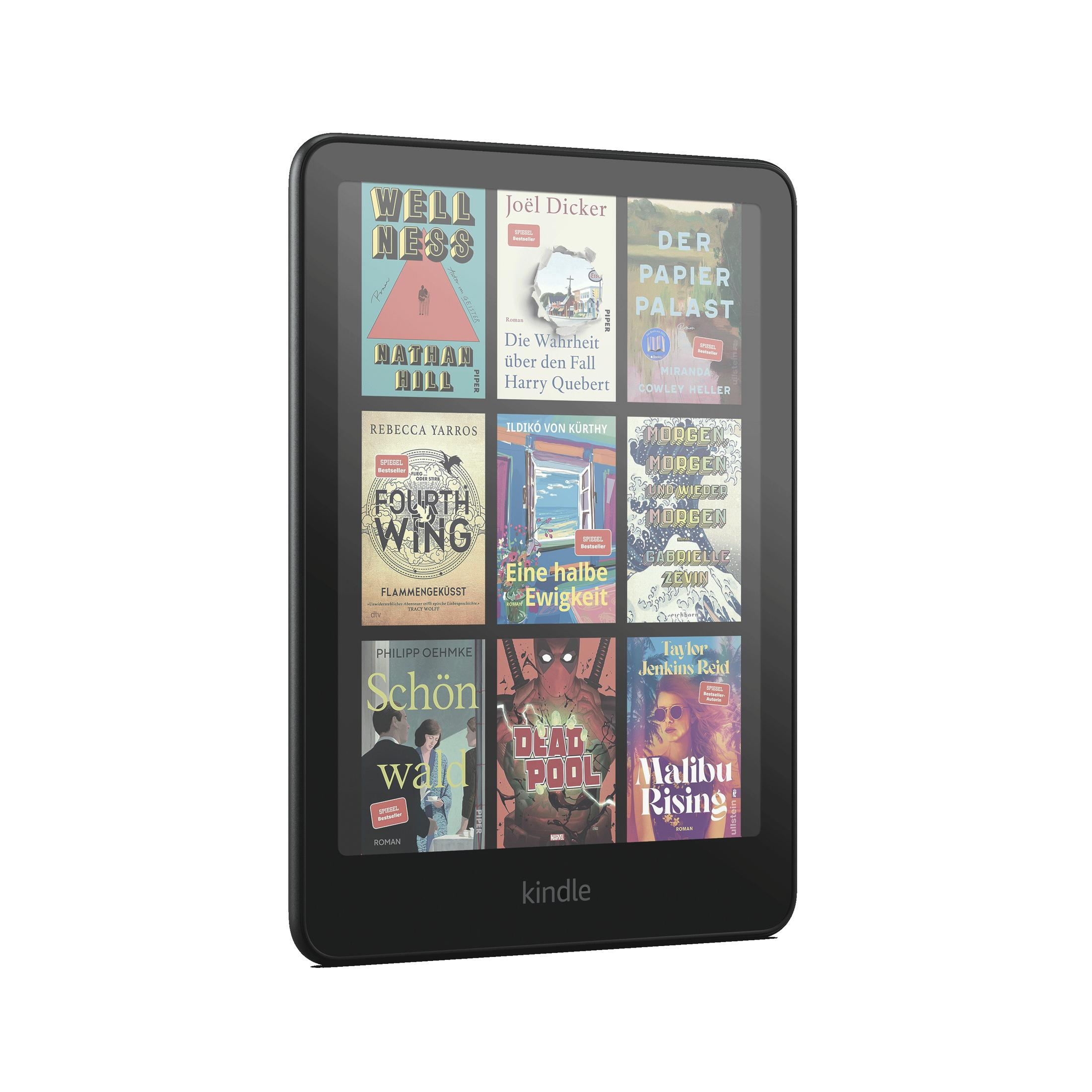 Un dispositivo Kindle nero che mostra diverse copertine di libri sul suo schermo, su uno sfondo bianco.