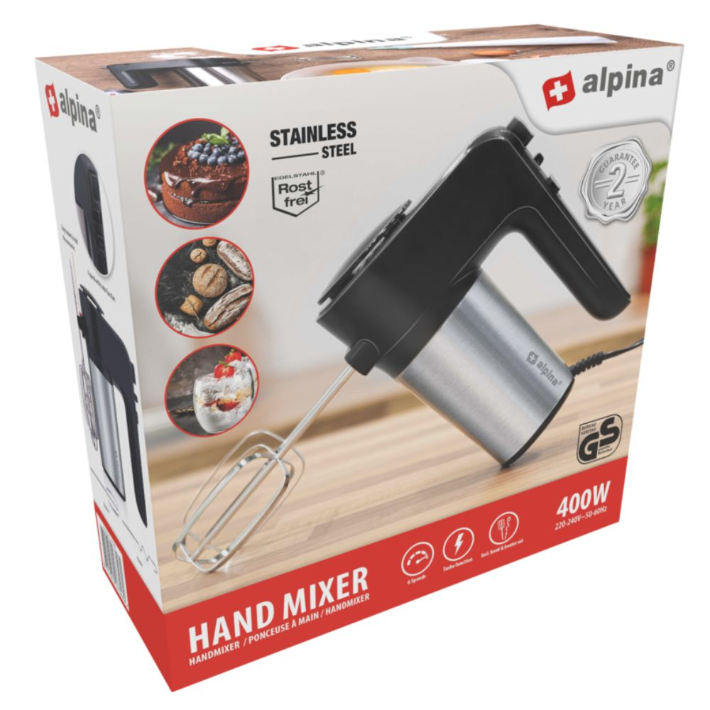 Handmixer in einer Box, mit Bildern von Lebensmitteln und Text, der seine Funktionen beschreibt.