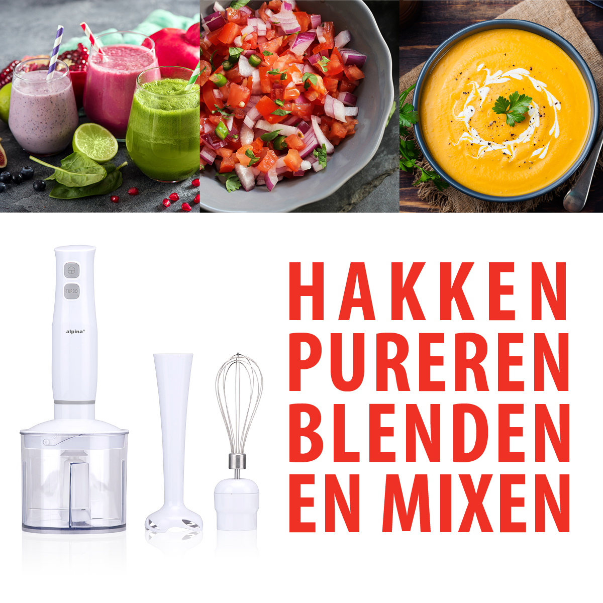 Blender met accessoires en afbeeldingen van smoothies, salsa en soep. Tekst: HAKKEN PUREEREN BLENDEN EN MIXEN.
