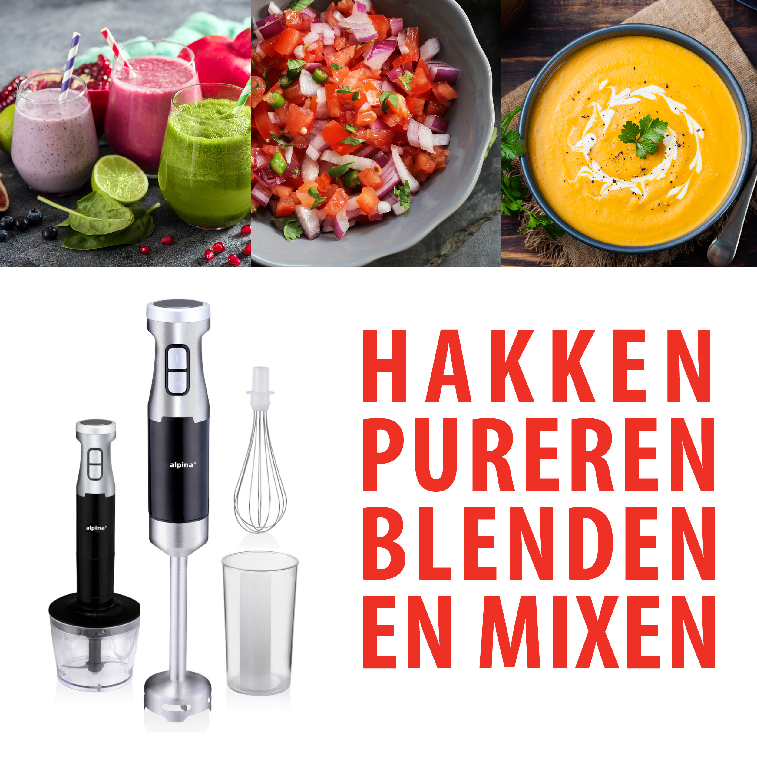 Afbeelding van diverse voedingsmiddelen en een blender met de tekst 'HAKKEN PUREEREN BLENDEN EN MIXEN'.