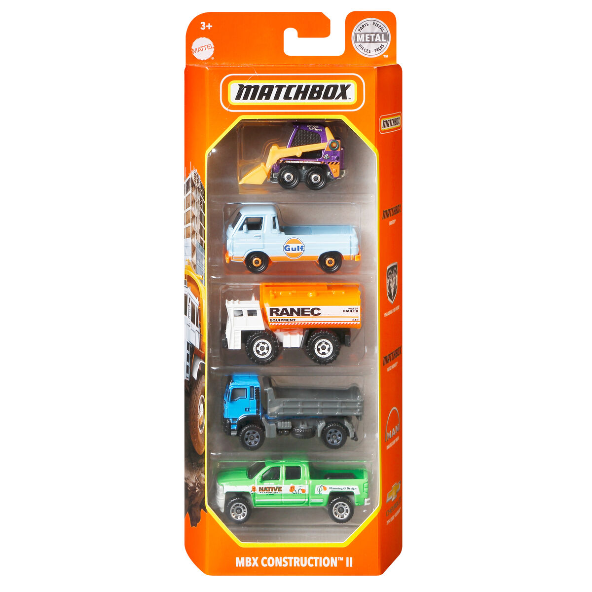Coches de juguete en blíster: camión, carretilla elevadora, volquete y camioneta.