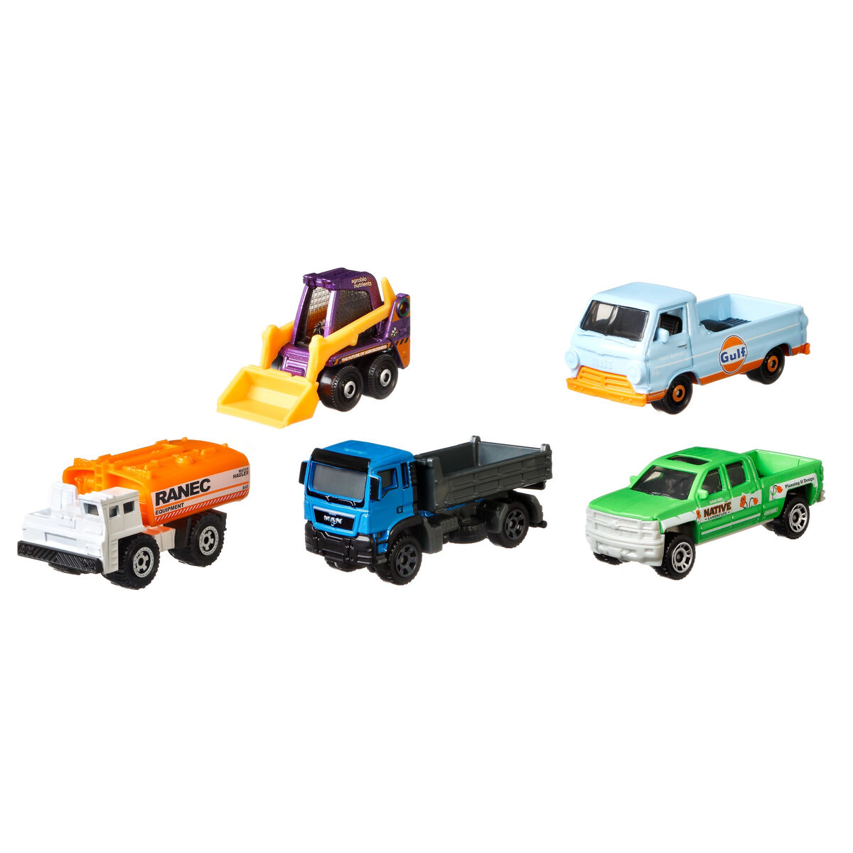 Coches de juguete. Cinco camiones de juguete de varios tipos: una cargadora, una camioneta, un camión cisterna, un volquete y una plataforma.