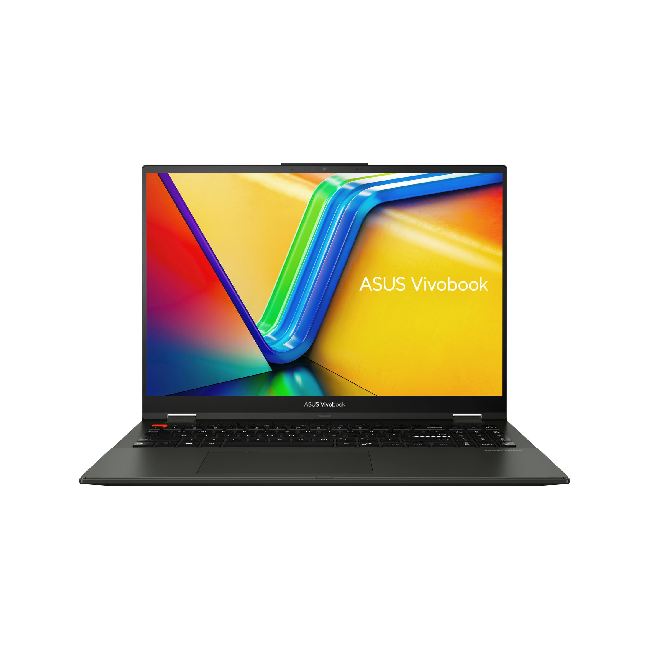 Schwarzer Laptop mit offenem Deckel, weißer Hintergrund, Markenname auf dem Bildschirm.
