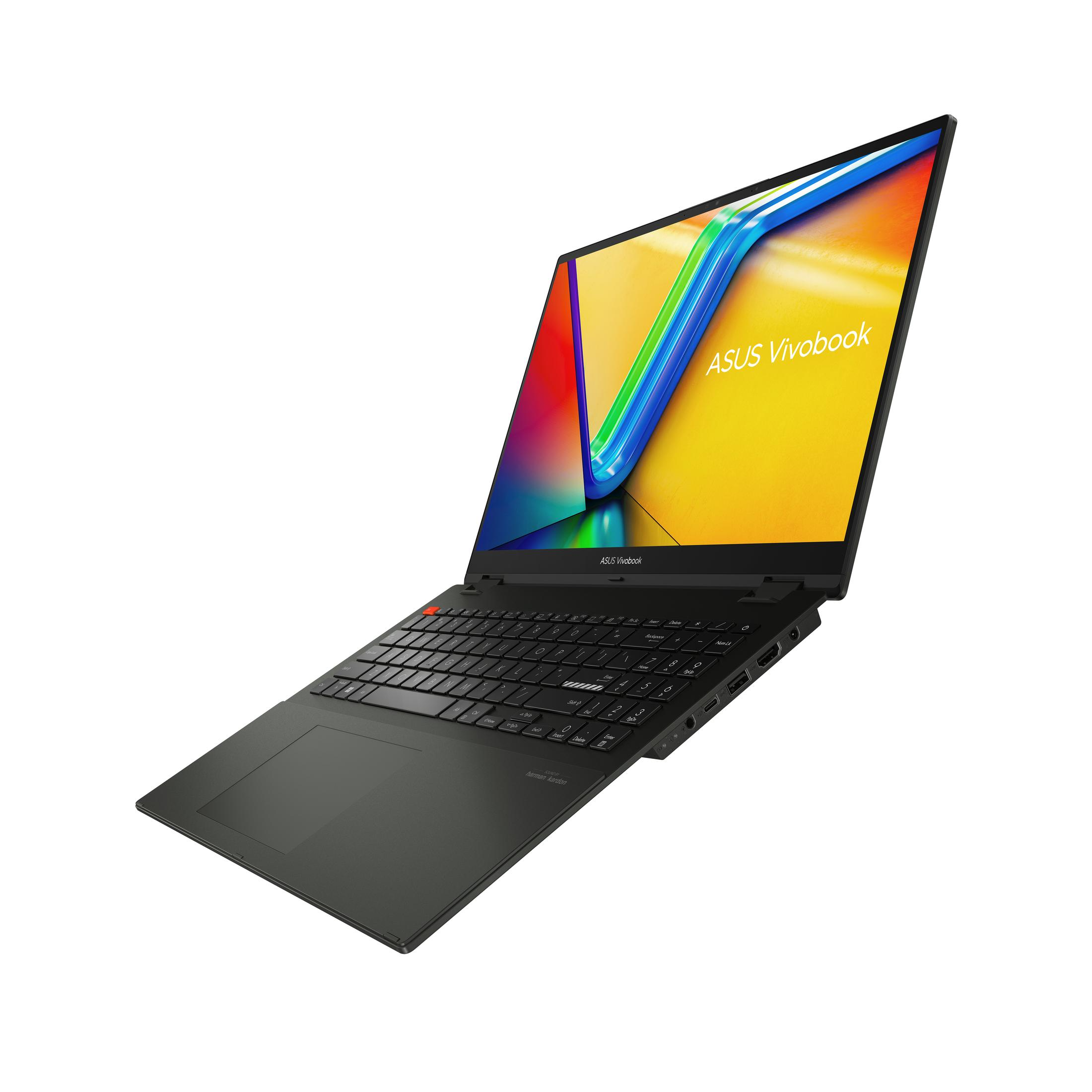 Ein schwarzes ASUS Vivobook Laptop, teilweise geöffnet, mit farbenfrohem Bildschirm, vor weißem Hintergrund.