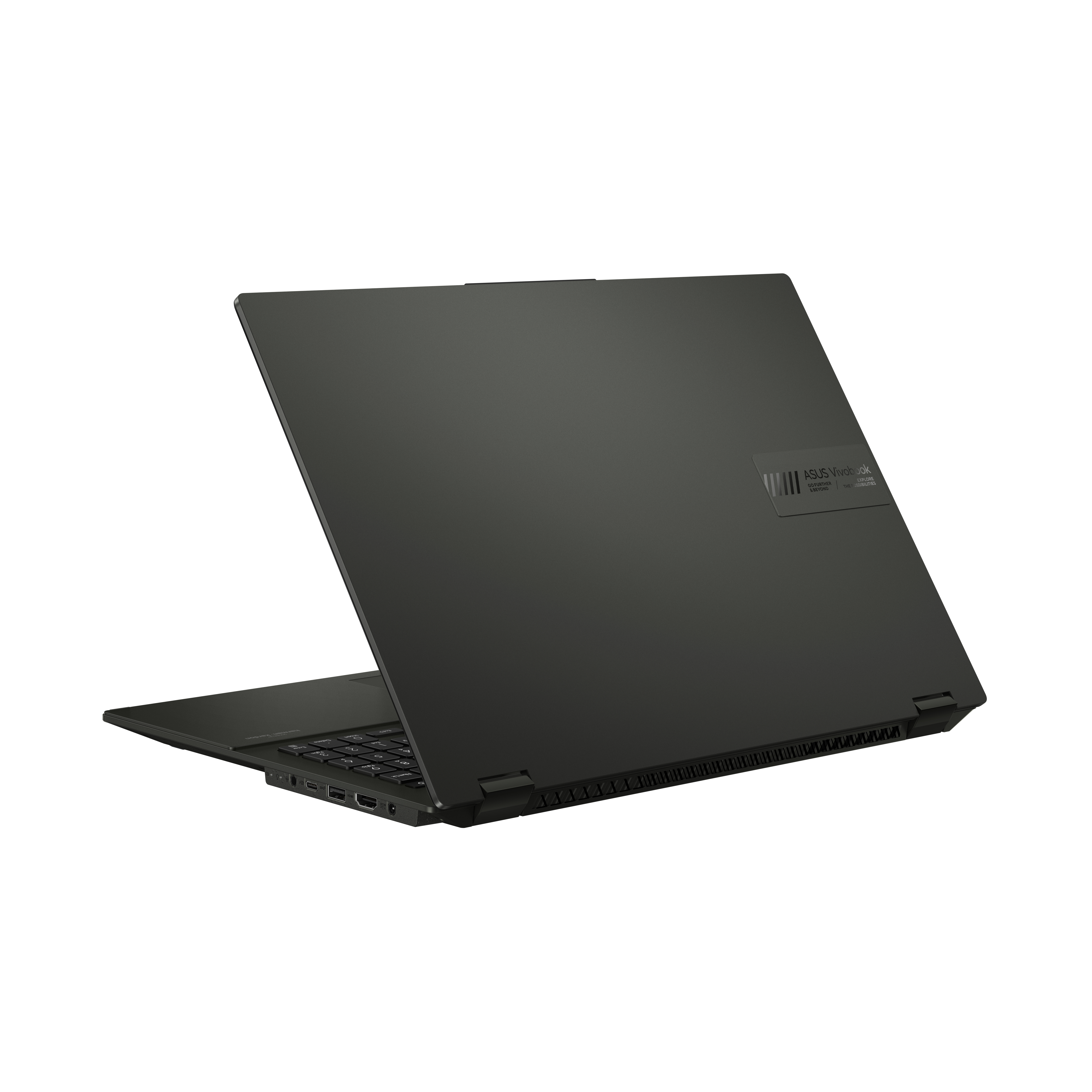 Schwarzer Laptop, in einem Winkel geöffnet, mit dem Logo 'ASUS Vivobook' auf dem Deckel.