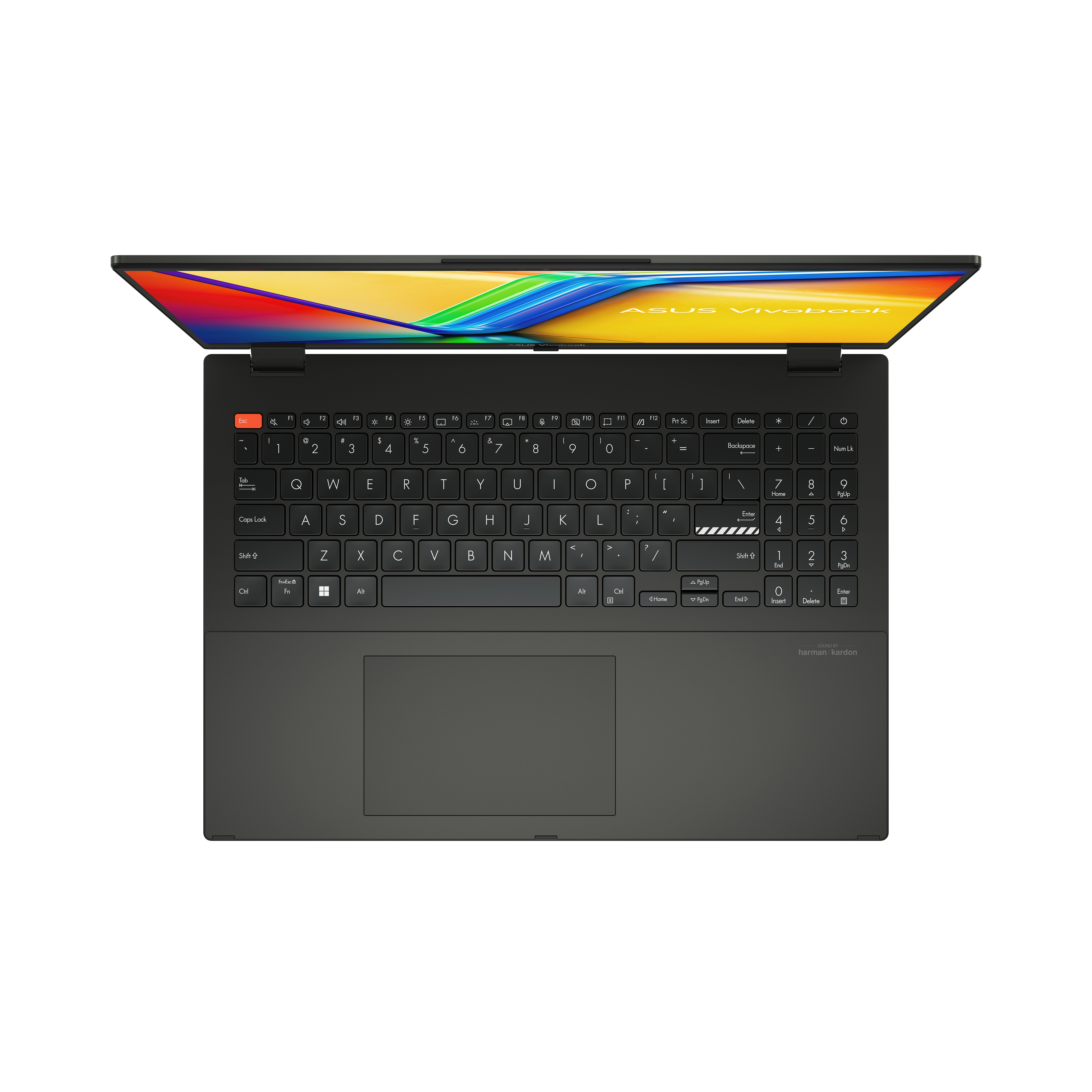 Draufsicht auf einen dunkelgrauen Laptop, der geöffnet ist und die Tastatur zeigt.