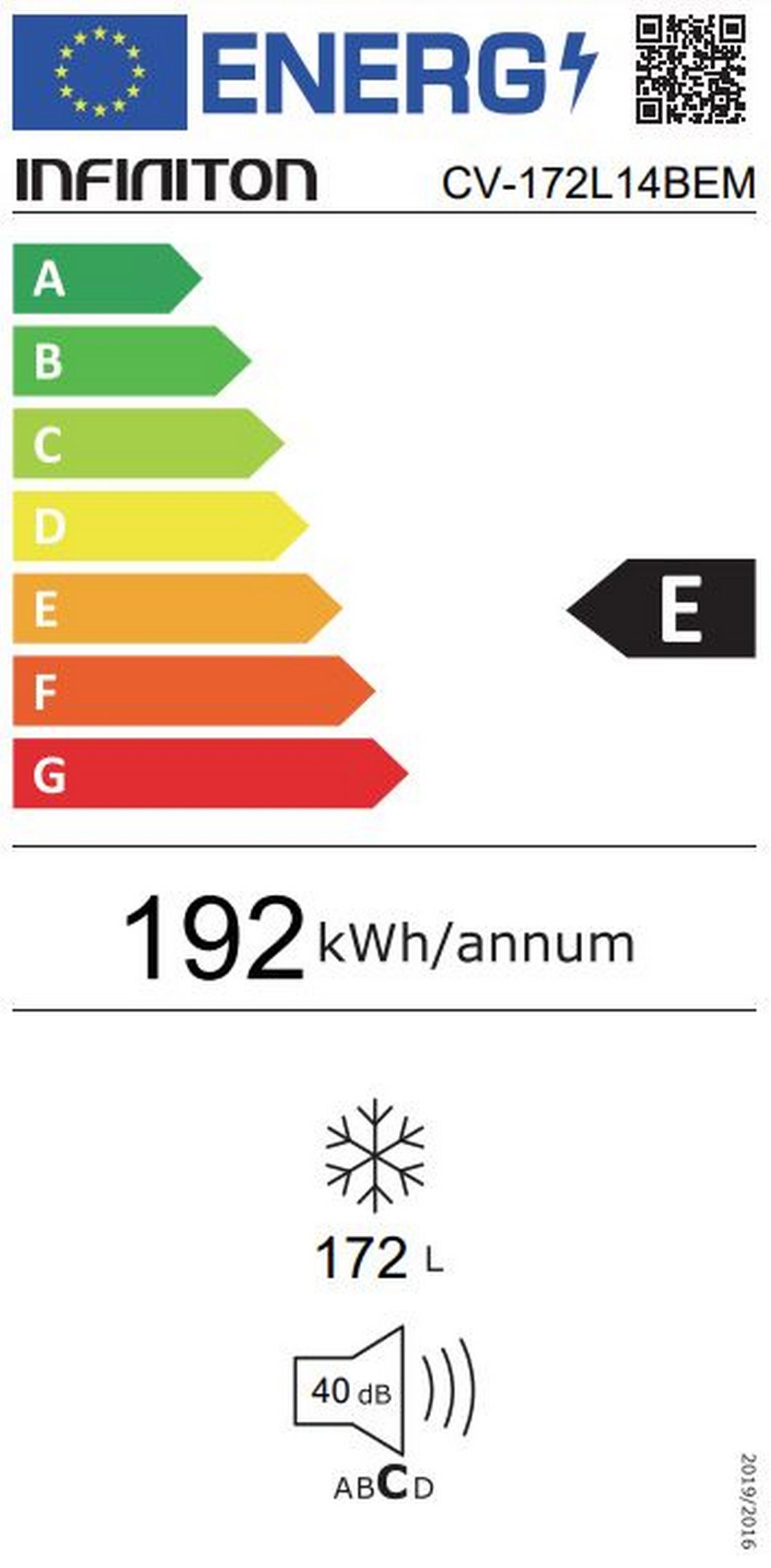 Energielabel für einen Kühlschrank: A-G Skala, E-Bewertung, 192 kWh/Jahr, 172 L und 40 dB.