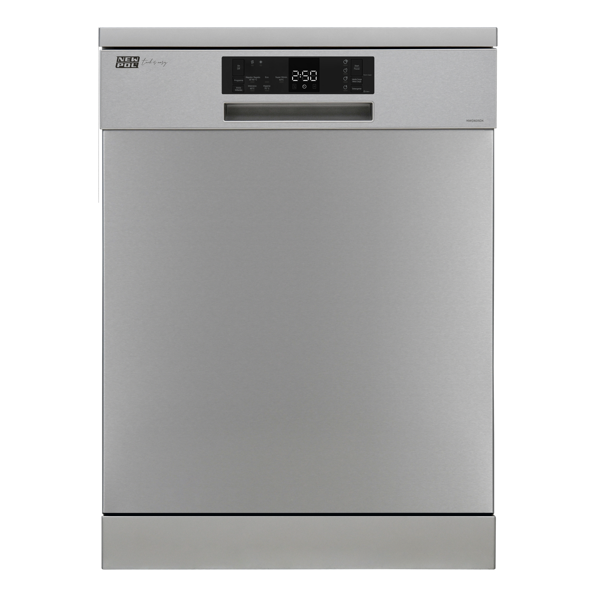 Lavavajillas plateado con pantalla digital y panel de control, y la marca 'NEW POL'.