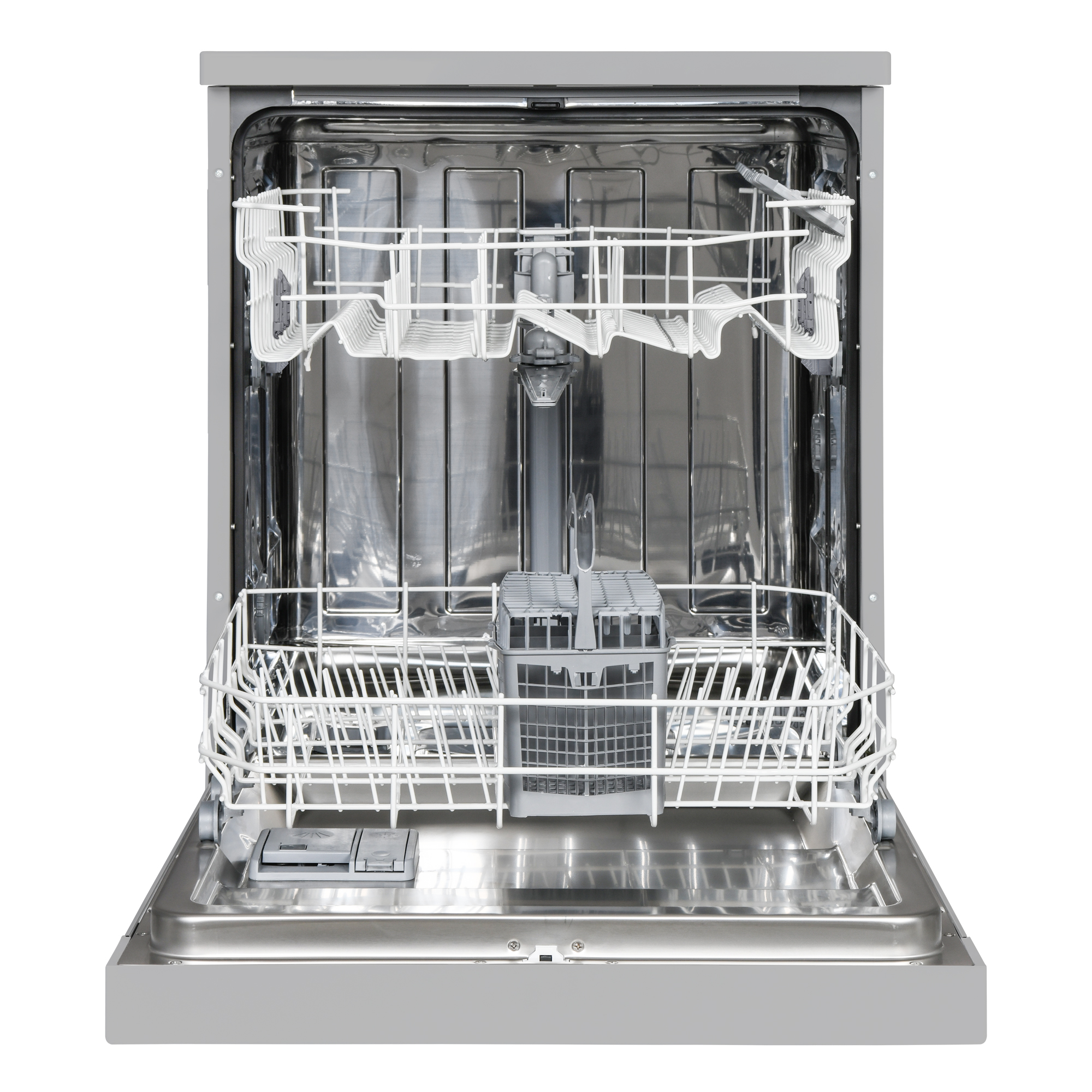 Otwarty wnętrze zmywarki. Stojaki na naczynia. Szare i białe wnętrze. Czyste i puste.