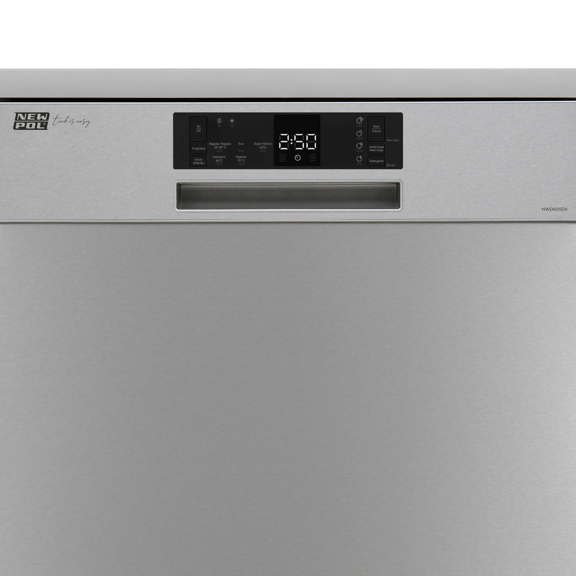 Panel sterowania zmywarki. Wyświetla godzinę '2:50', z ikonami programów i przyciskami. Srebrne wykończenie.