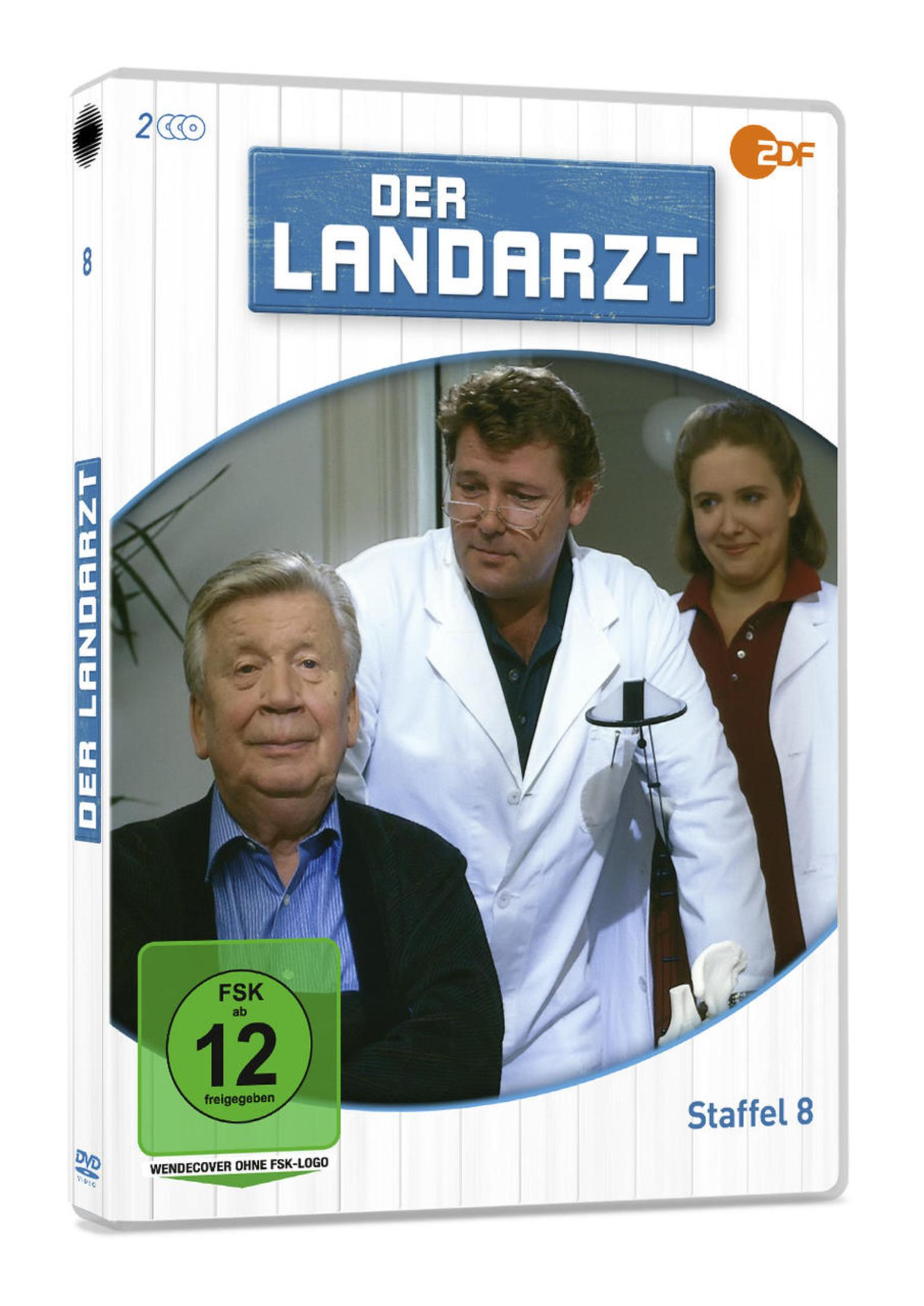 DVD-Cover von "Der Landarzt" Staffel 8. Mit drei Personen, einer grünen Altersfreigabe und dem 2DF-Logo.