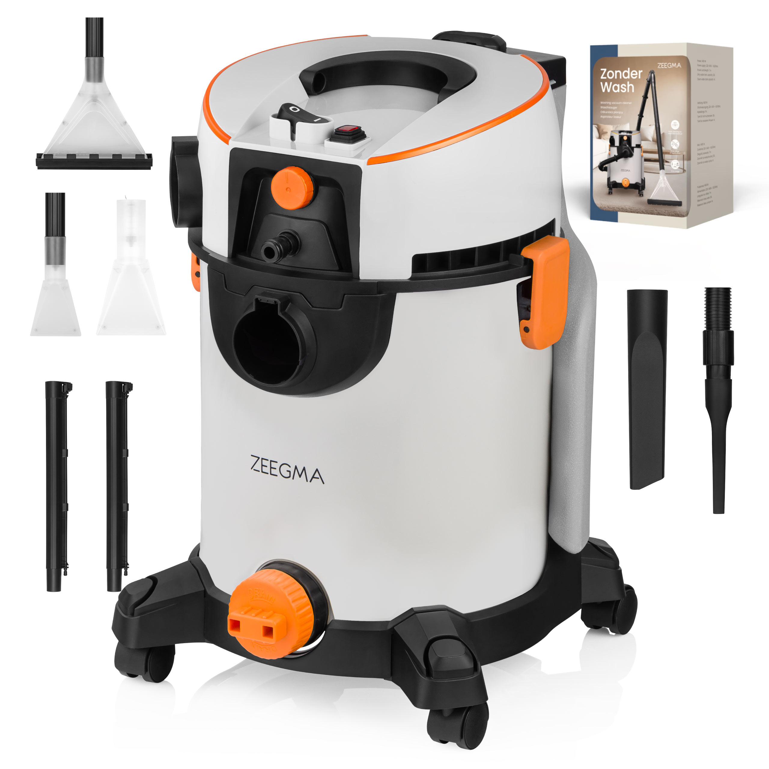 Biały i pomarańczowy odkurzacz Zeegma z akcesoriami. Zawiera wiele przystawek i pudełko.