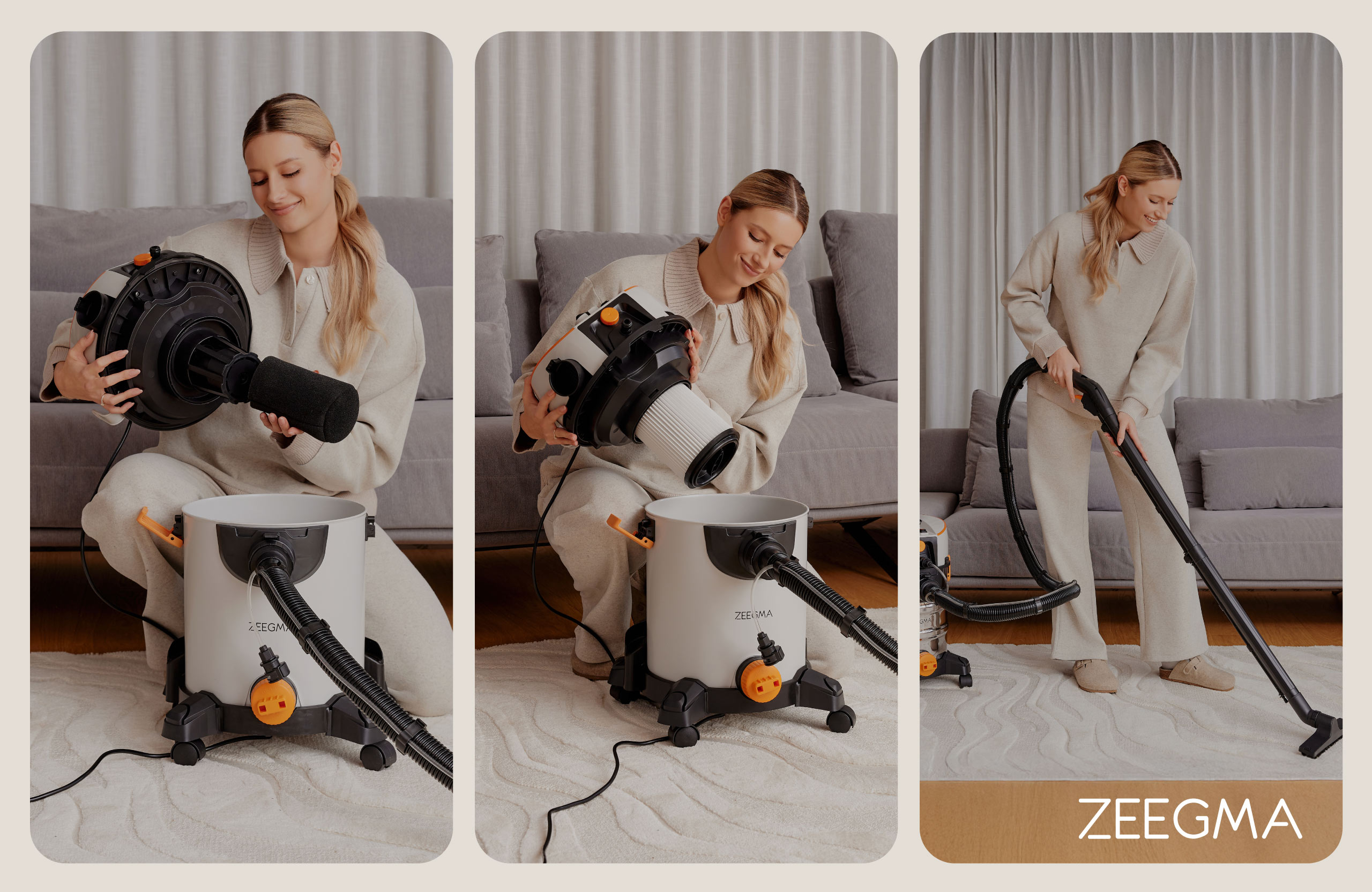 Kobieta używająca odkurzacza, składająca i rozkładająca go. Marka to Zeegma.