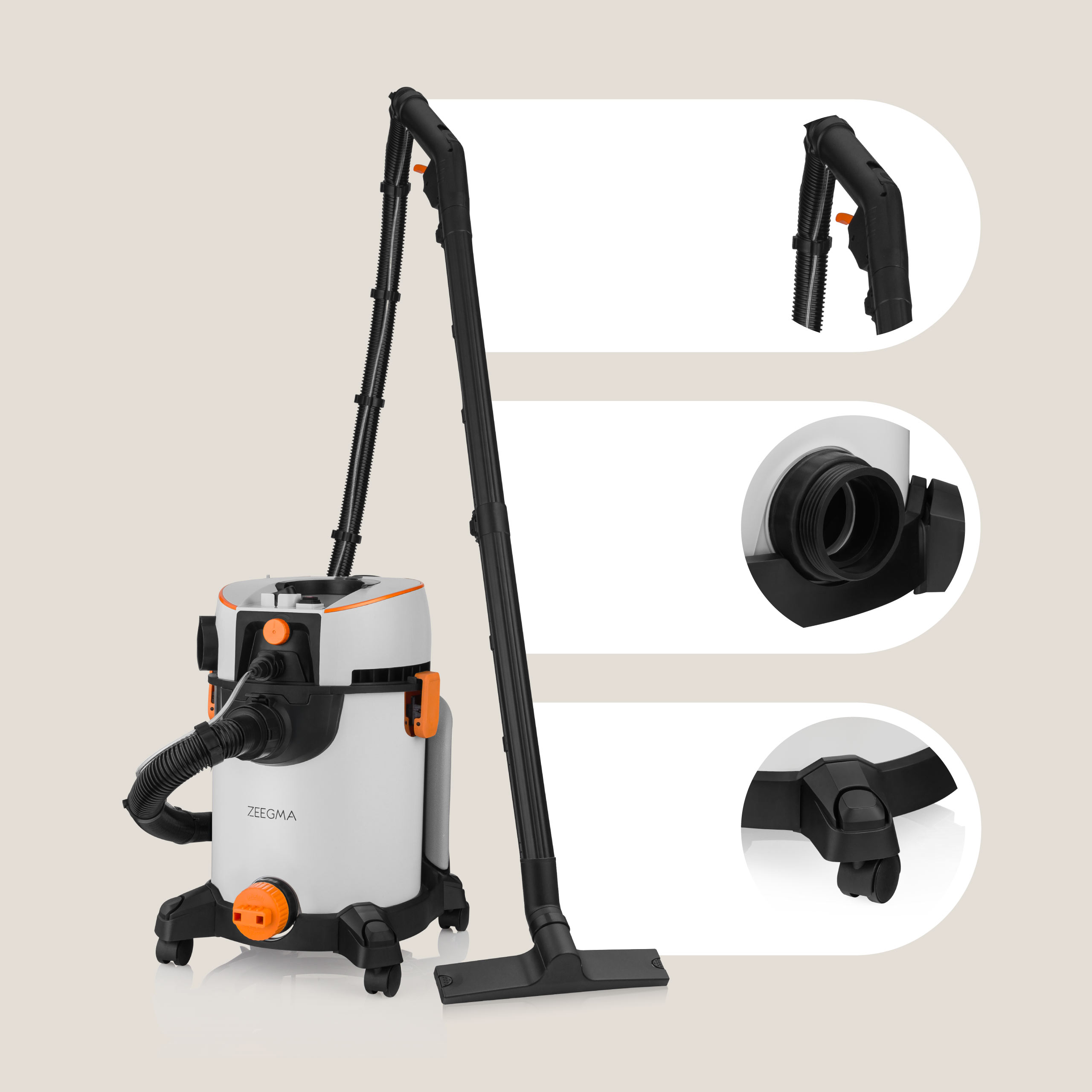 White and orange vacuum cleaner. Parts of the device are highlighted. Beige background. Top view.