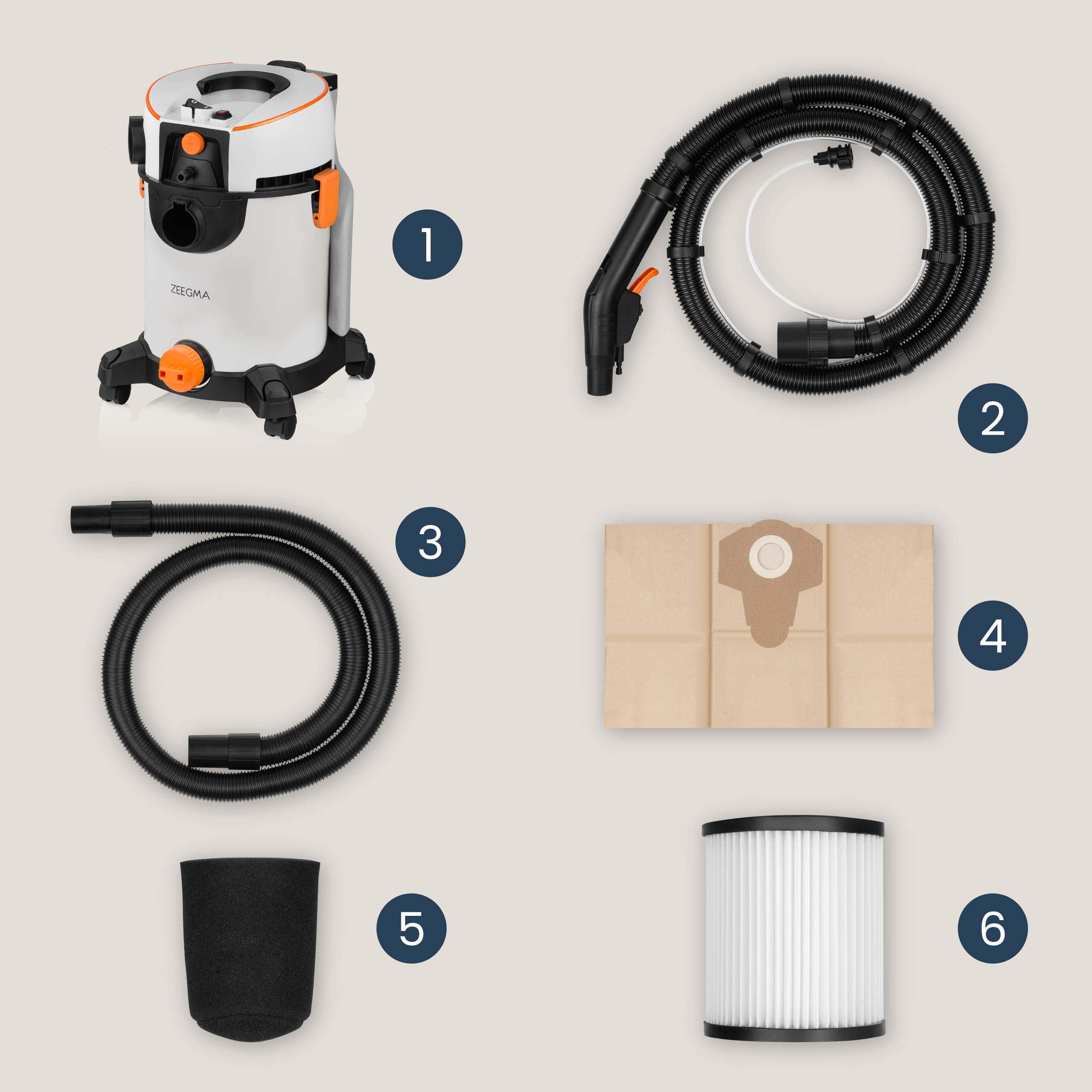 Composants d'aspirateur : corps, tuyau, filtre et accessoires. Fond blanc.