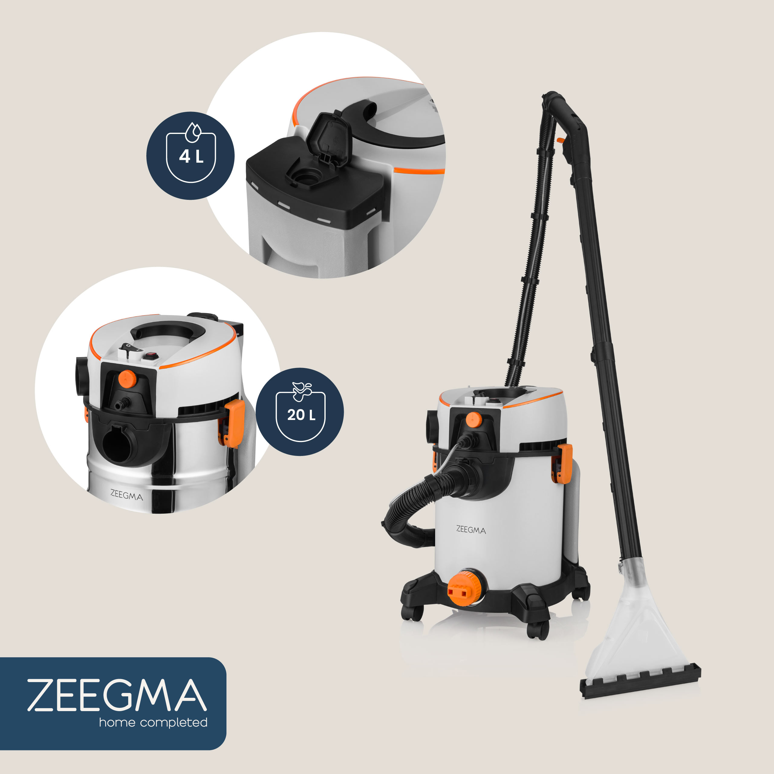 Odkurzacz domowy Zeegma. Pokazuje zbiornik na 4L i zbiornik na 20L, z narzędziem do czyszczenia.