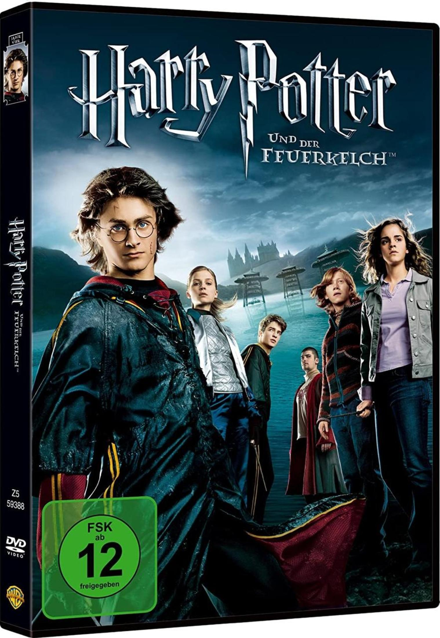 DVD-Cover von Harry Potter und der Feuerkelch mit den Hauptfiguren vor einem See und Schloss.
