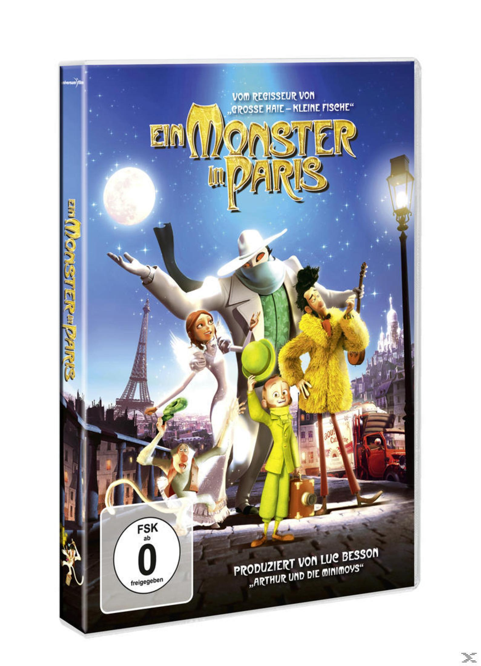 Ein Monster in Paris: Charaktere vor Eiffelturm & Stadtkulisse bei Nacht.