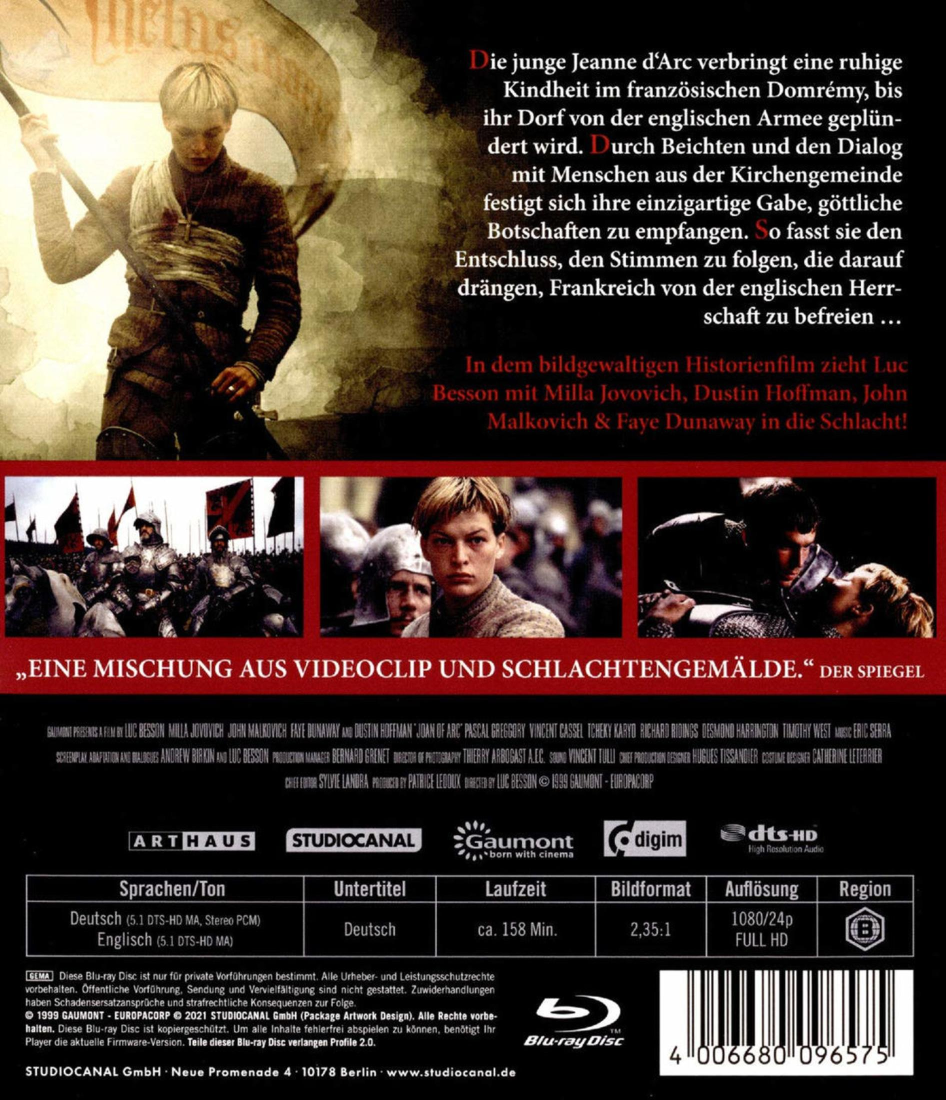 Couverture de film avec Jeanne d'Arc, texte et extraits de scènes, détails Blu-ray.