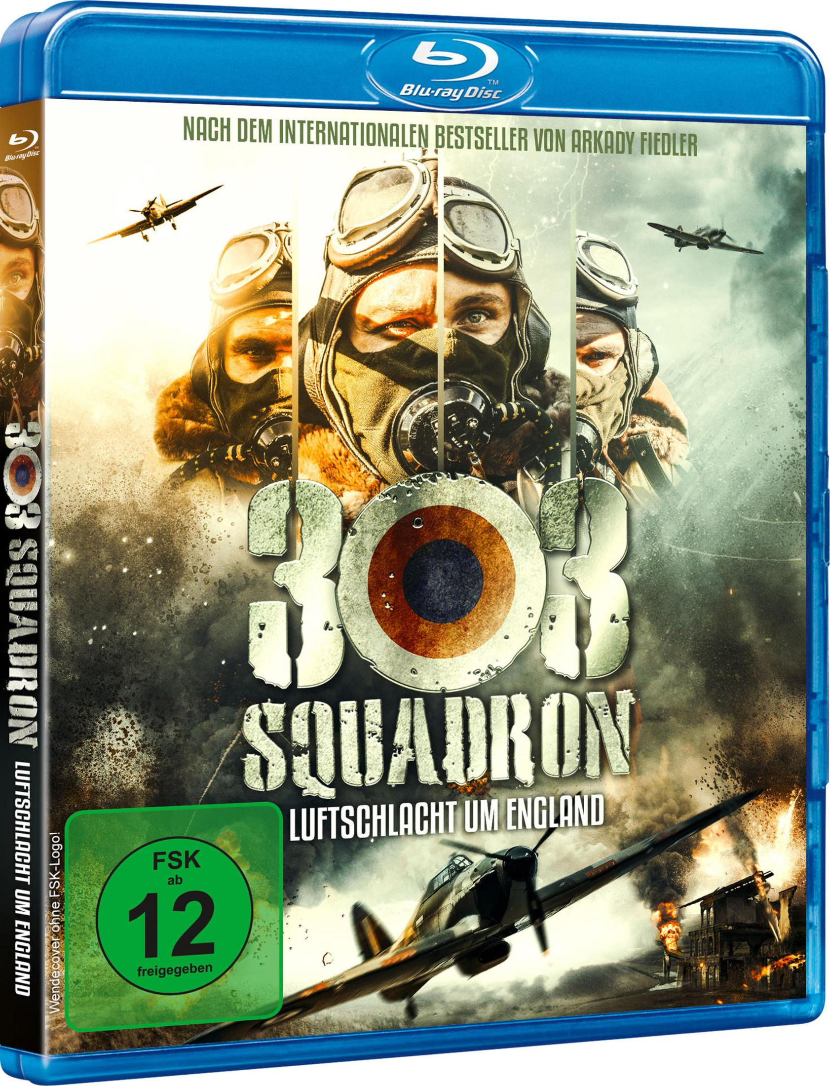 Art de couverture pour "303 Squadron" : Pilotes masqués, avions et bâtiments en feu.