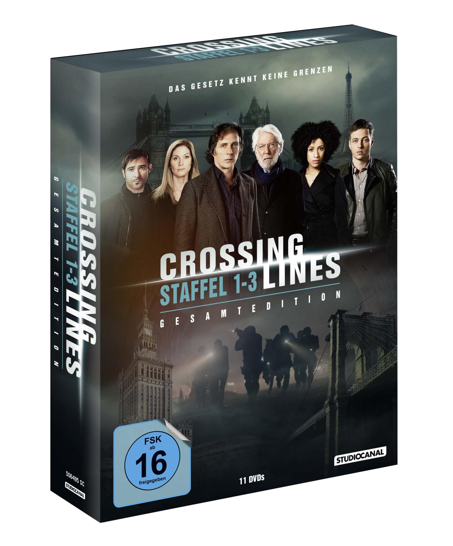 Coffret DVD "Crossing Lines" Saisons 1-3 avec acteurs, Pont de Londres et Tour Eiffel.