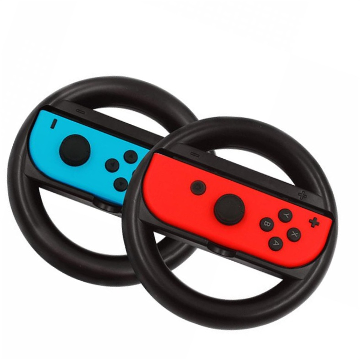 Zwei schwarze Lenkrad-Controller für eine Spielekonsole. Einer ist blau, der andere rot.