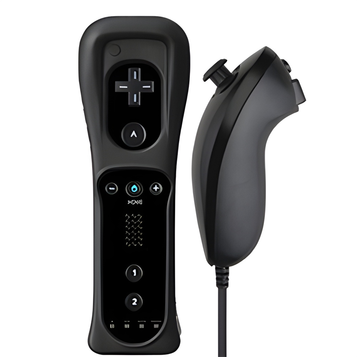 Schwarze Wii-Fernbedienung und Nunchuck. Knöpfe und Joystick sichtbar. Weißer Hintergrund.