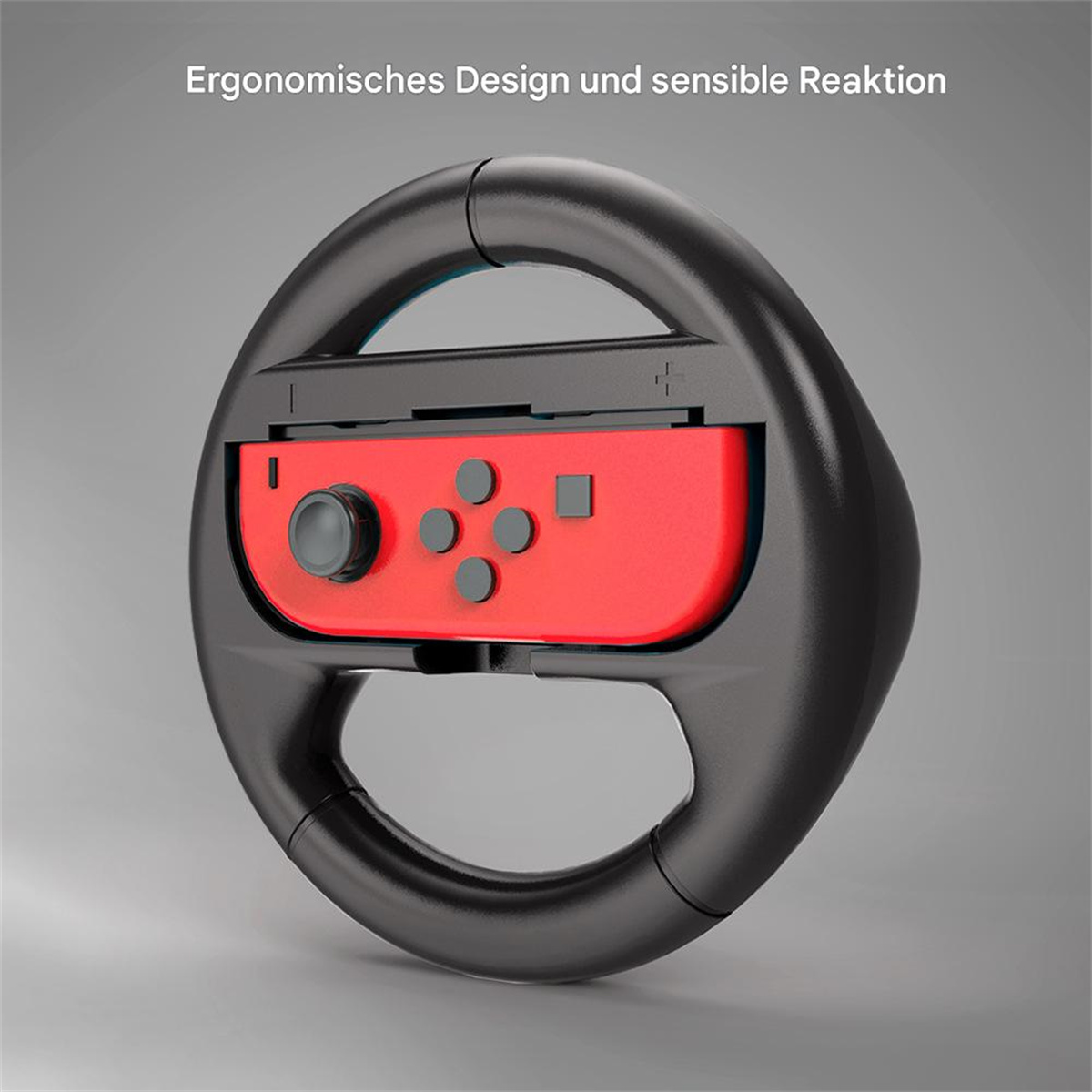 Schwarzes Lenkrad mit roter Mitte. Grauer Hintergrund. Text: Ergonomisches Design und sensible Reaktion.