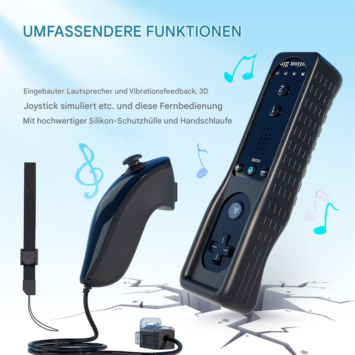 Schwarzer Gamecontroller und ein separater kleiner Controller. Text und Noten werden angezeigt.