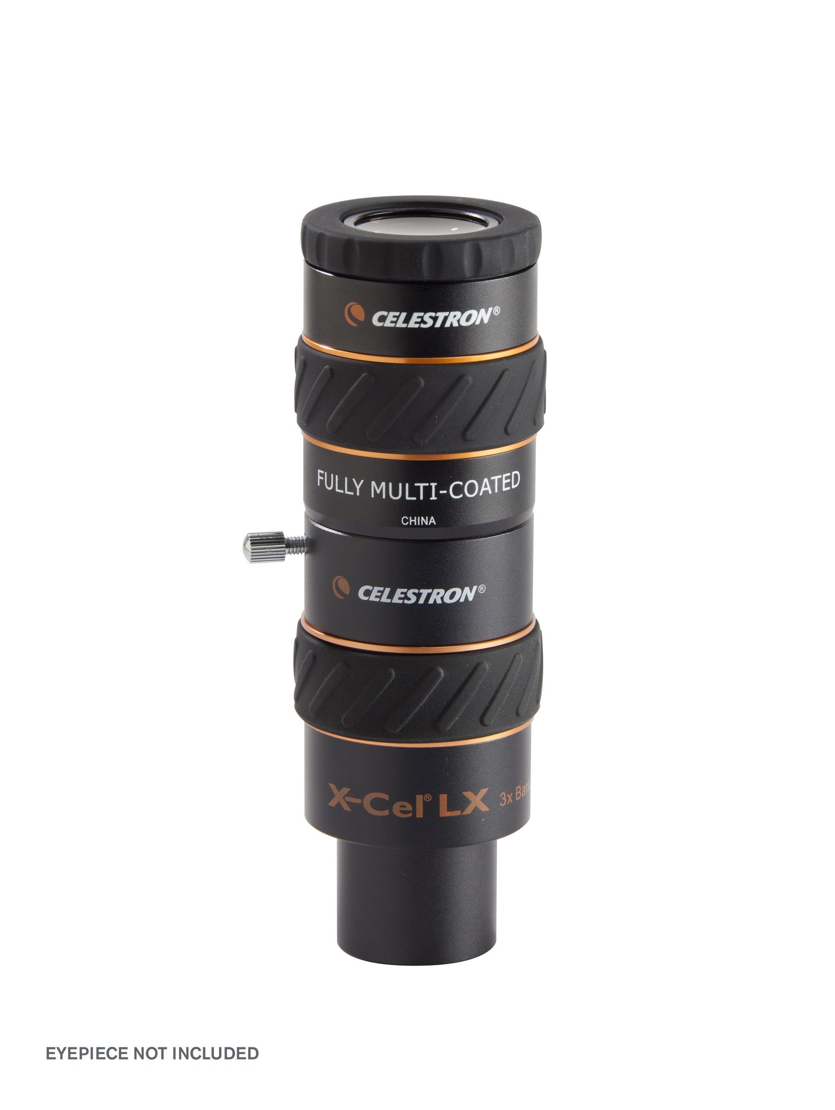 Schwarzes und orangefarbenes Teleskopokular mit Celestron-Markenzeichen auf weißem Hintergrund.
