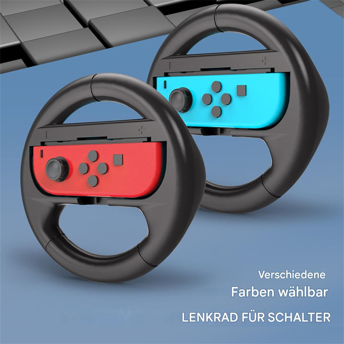 Zwei schwarze Lenkrad-Zubehörteile mit einem roten und einem blauen Gamecontroller.
