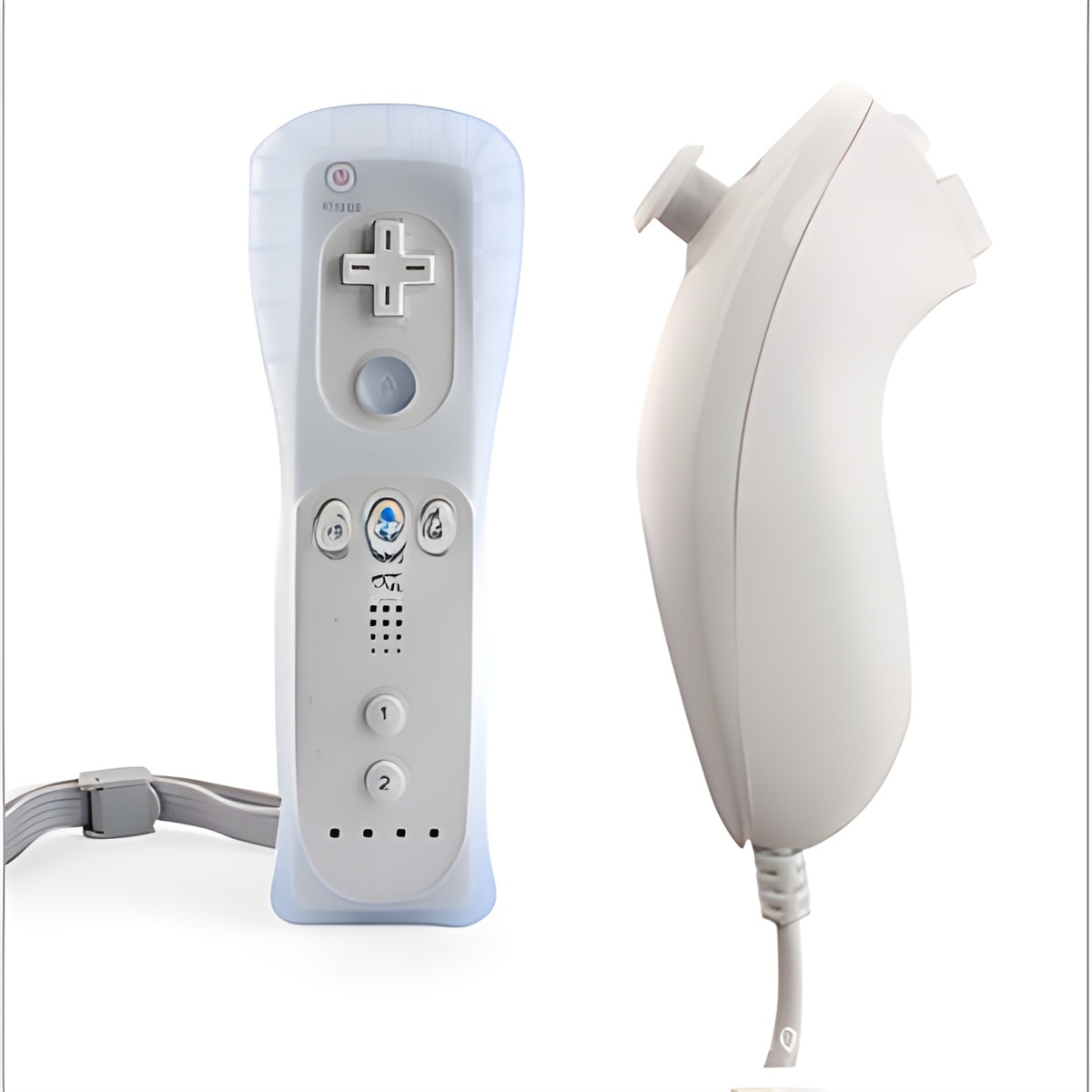 Weiße Wii-Fernbedienung und Nunchuk. Weißer Hintergrund.
