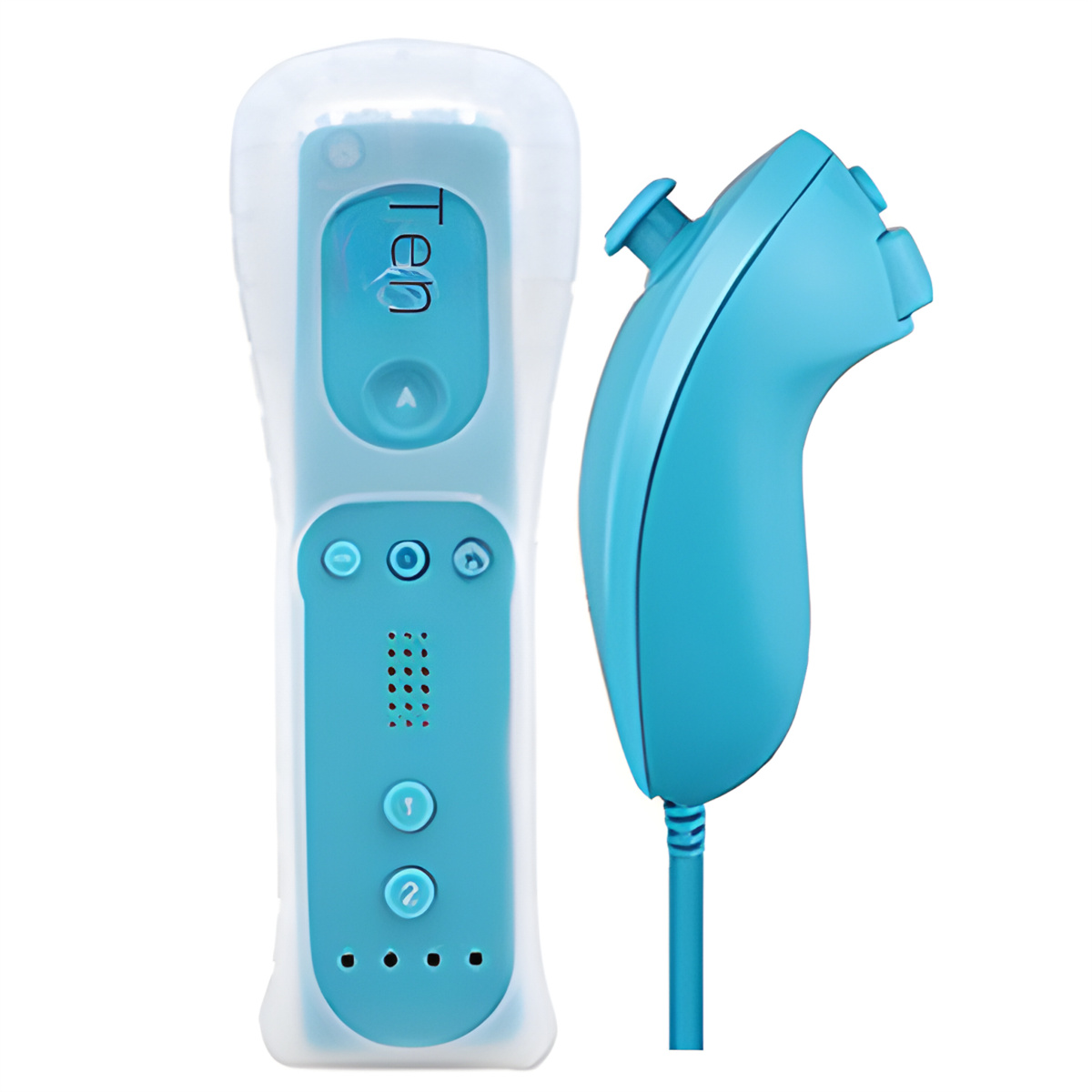 Blaue Wii-Fernbedienung und eine weiße Schutzhülle. Die Fernbedienung hat Knöpfe.