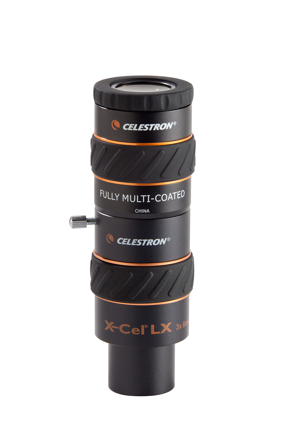Ein schwarzes und orangefarbenes Celestron-Teleskopokular. Es hat Text darauf.