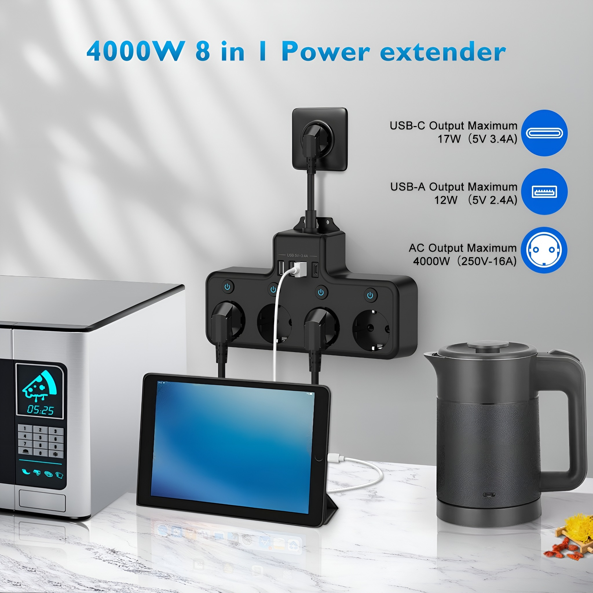 Steckdosenleiste mit mehreren Steckdosen und USB-Anschlüssen, mit Tablet, Wasserkocher und Mikrowelle.