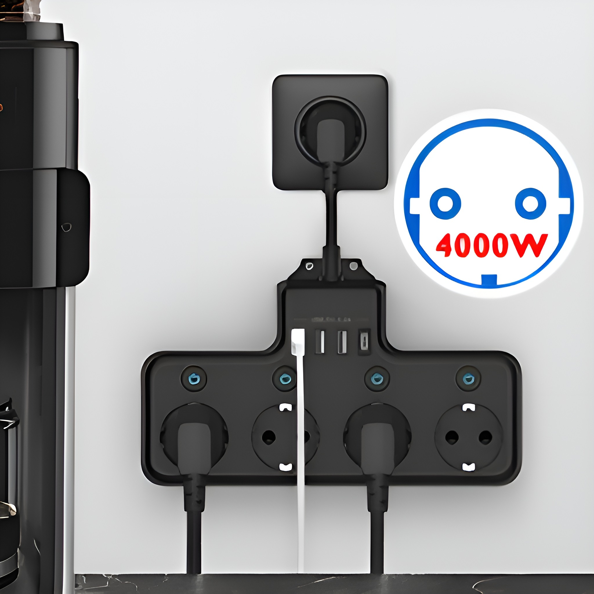 Eine schwarze Steckdosenleiste mit mehreren Steckdosen und einem kreisförmigen 4000W-Symbol.