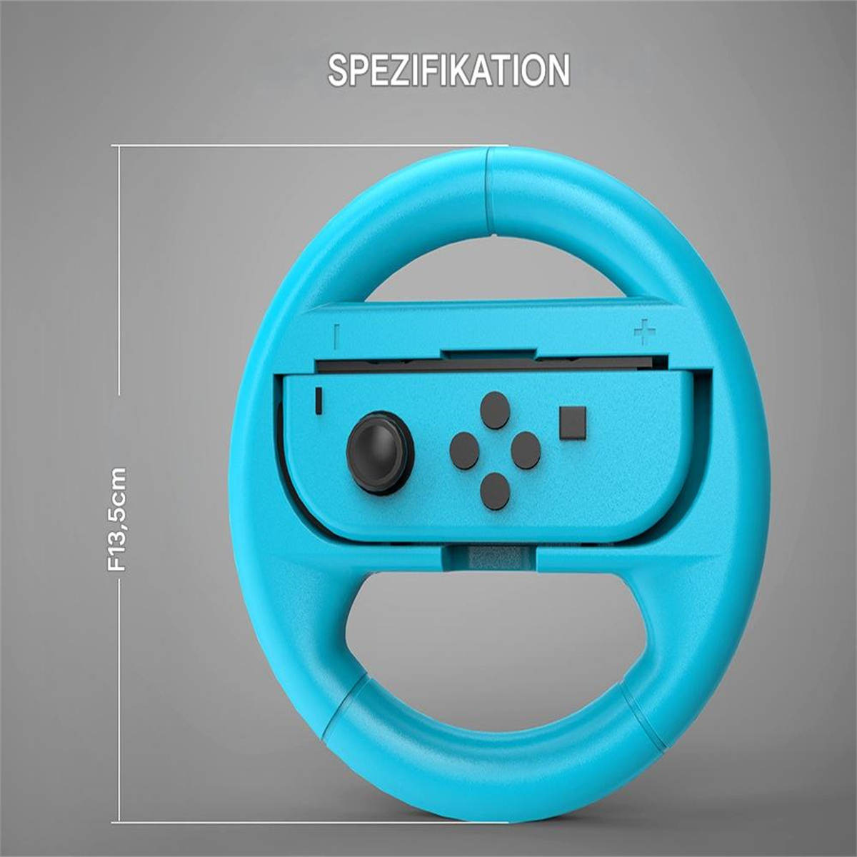 Blauer Lenkrad-Controller für ein Videospiel, auf grauem Hintergrund.