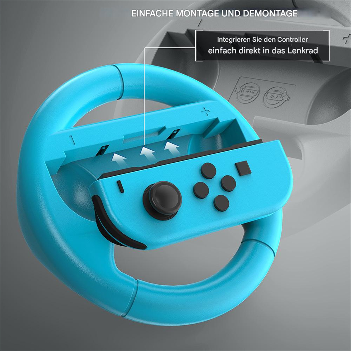 Ein Lenkrad für eine Spielkonsole. Das Lenkrad ist hellblau, mit einem Controller im Inneren.