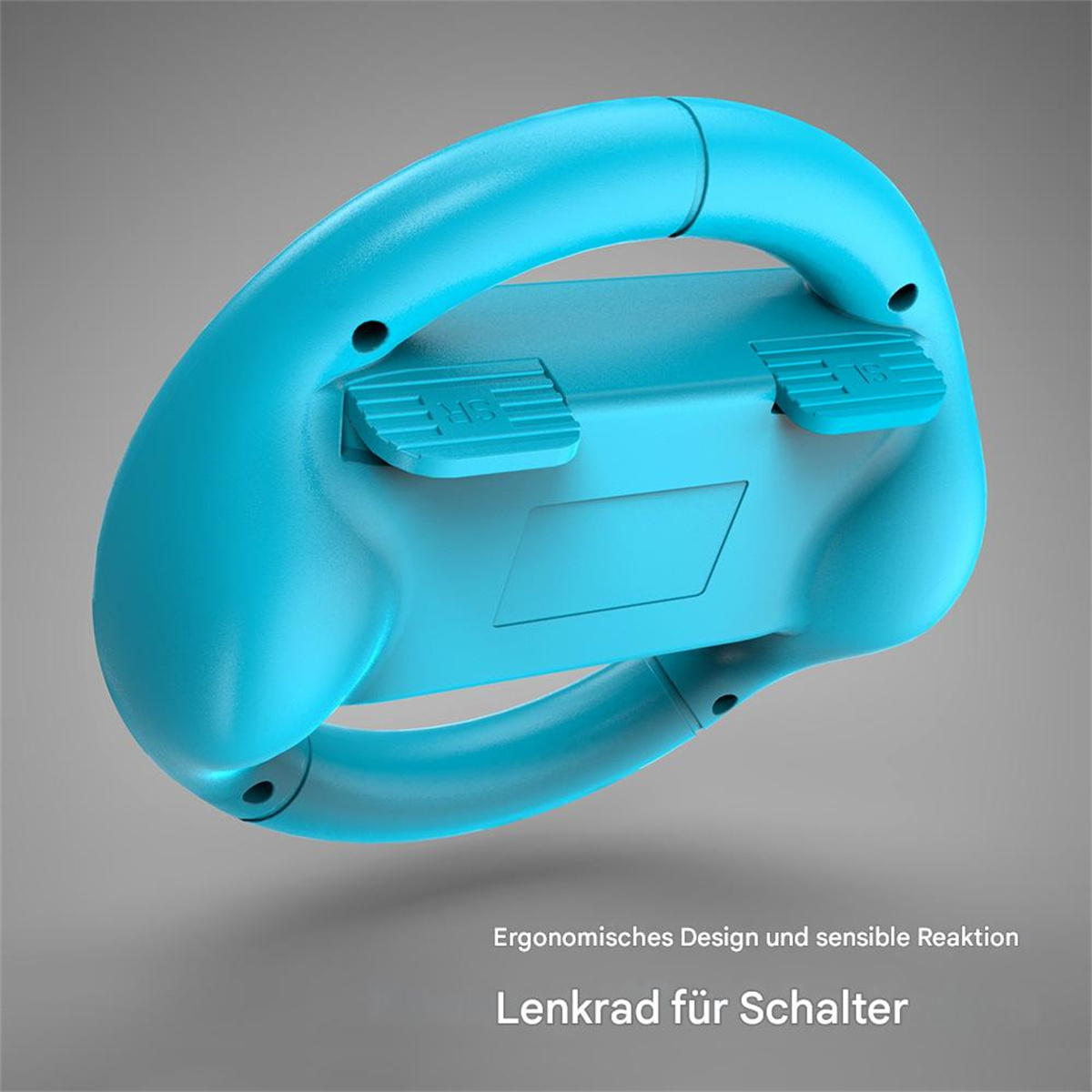 Ein blaues Lenkrad für eine Spielkonsole. Hat Knöpfe und ein Griffdesign.