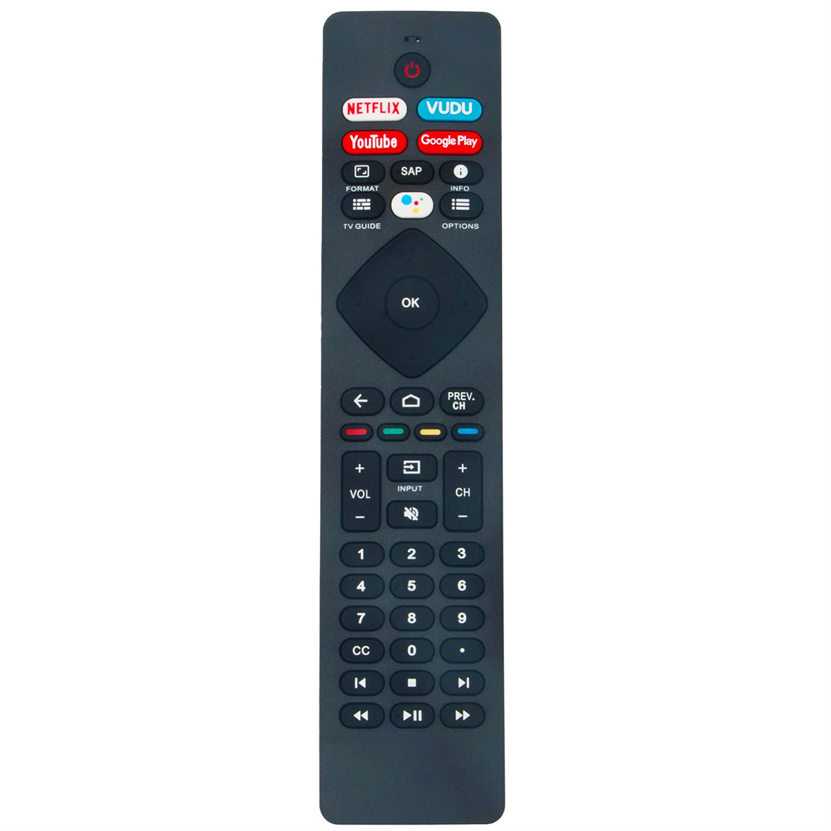 Schwarze Fernbedienung mit farbigen Tasten. Tasten umfassen Netflix, YouTube und Vudu.