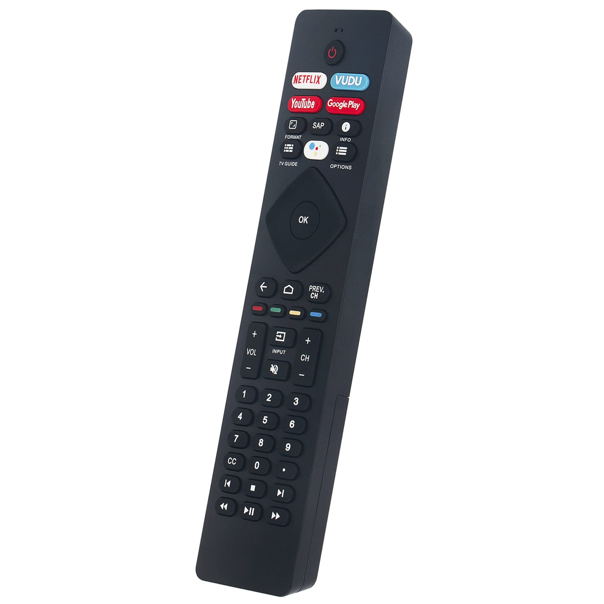 Schwarze TV-Fernbedienung mit mehreren Tasten, einschließlich Netflix, YouTube und Navigationstasten.