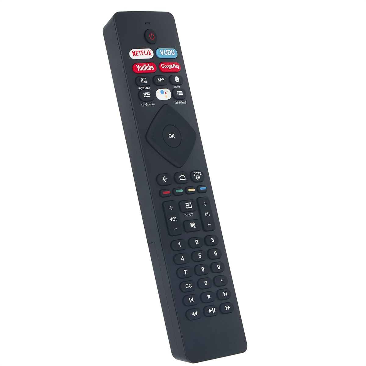 Schwarze TV-Fernbedienung mit verschiedenen Tasten, darunter Netflix, YouTube und Google Play. Sie ist auf weißem Grund.