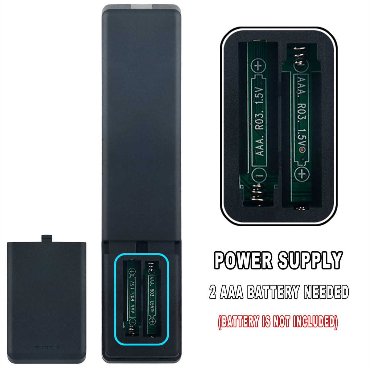 Eine Fernbedienung mit Batterien und eine separate Batteriefachabdeckung.