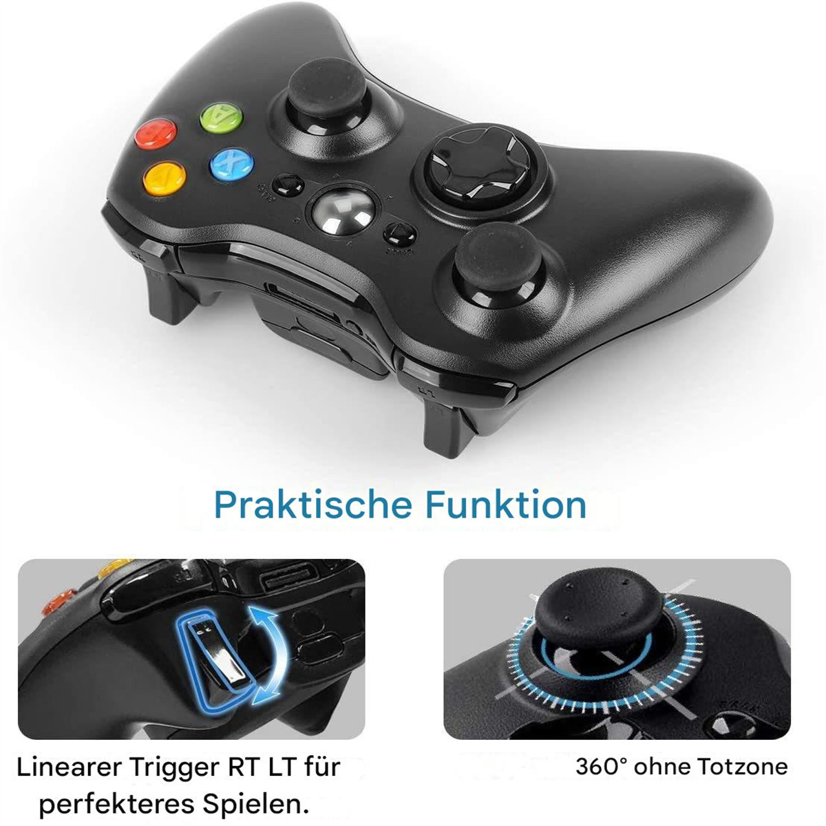 Schwarzer Gamecontroller. Hat farbige Knöpfe und zwei Joysticks.
