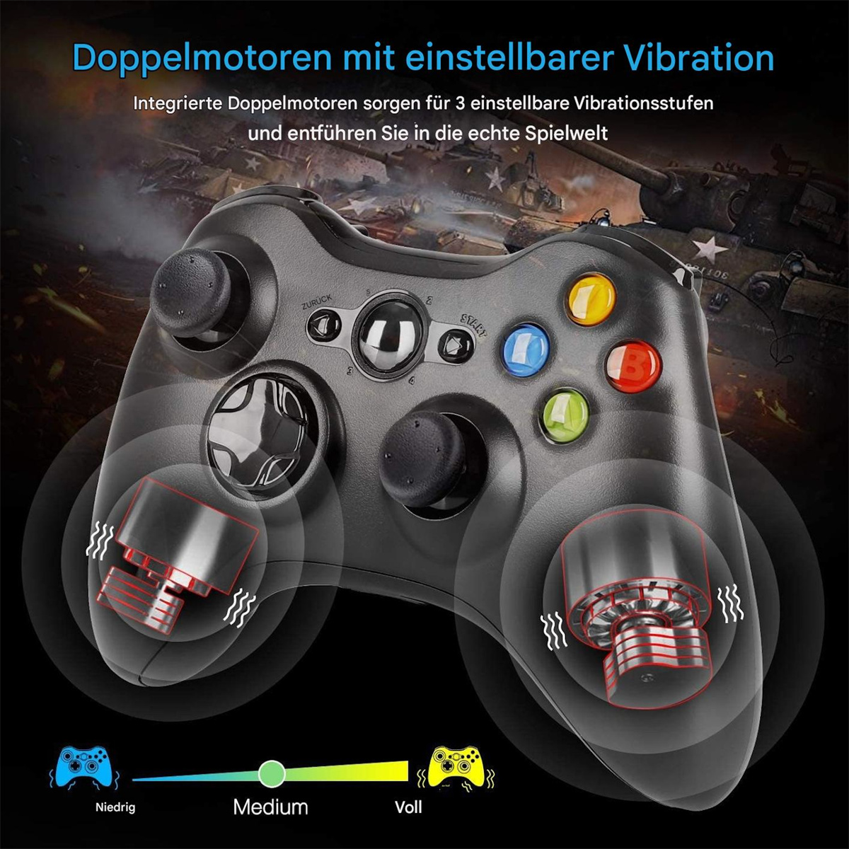 Schwarzer Gamecontroller mit Tasten und Vibrationsanzeige.