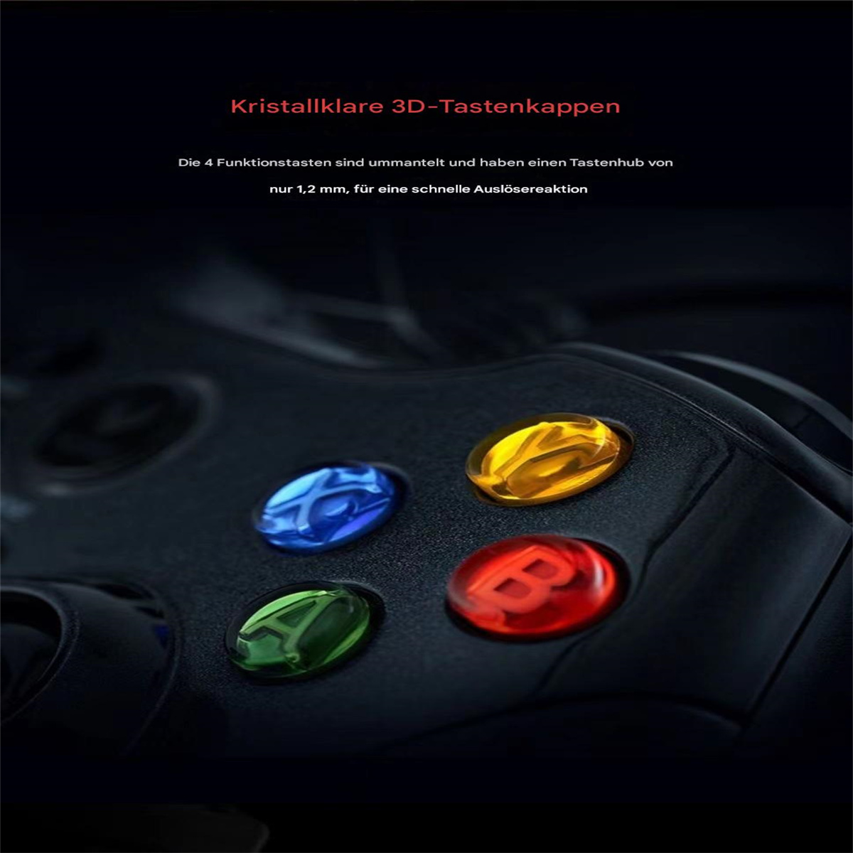 Nahaufnahme eines schwarzen Gamecontrollers mit vier farbigen Knöpfen: blau, grün, gelb und rot. Text ist oben.