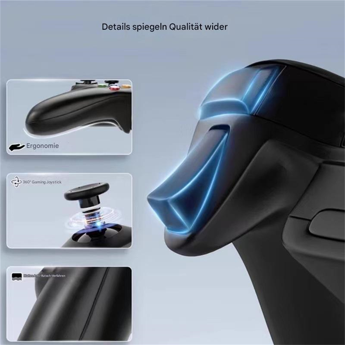 Details eines schwarzen Gamecontrollers, die Ergonomie und Gaming-Joystick-Funktionen hervorheben. Weißer Hintergrund.