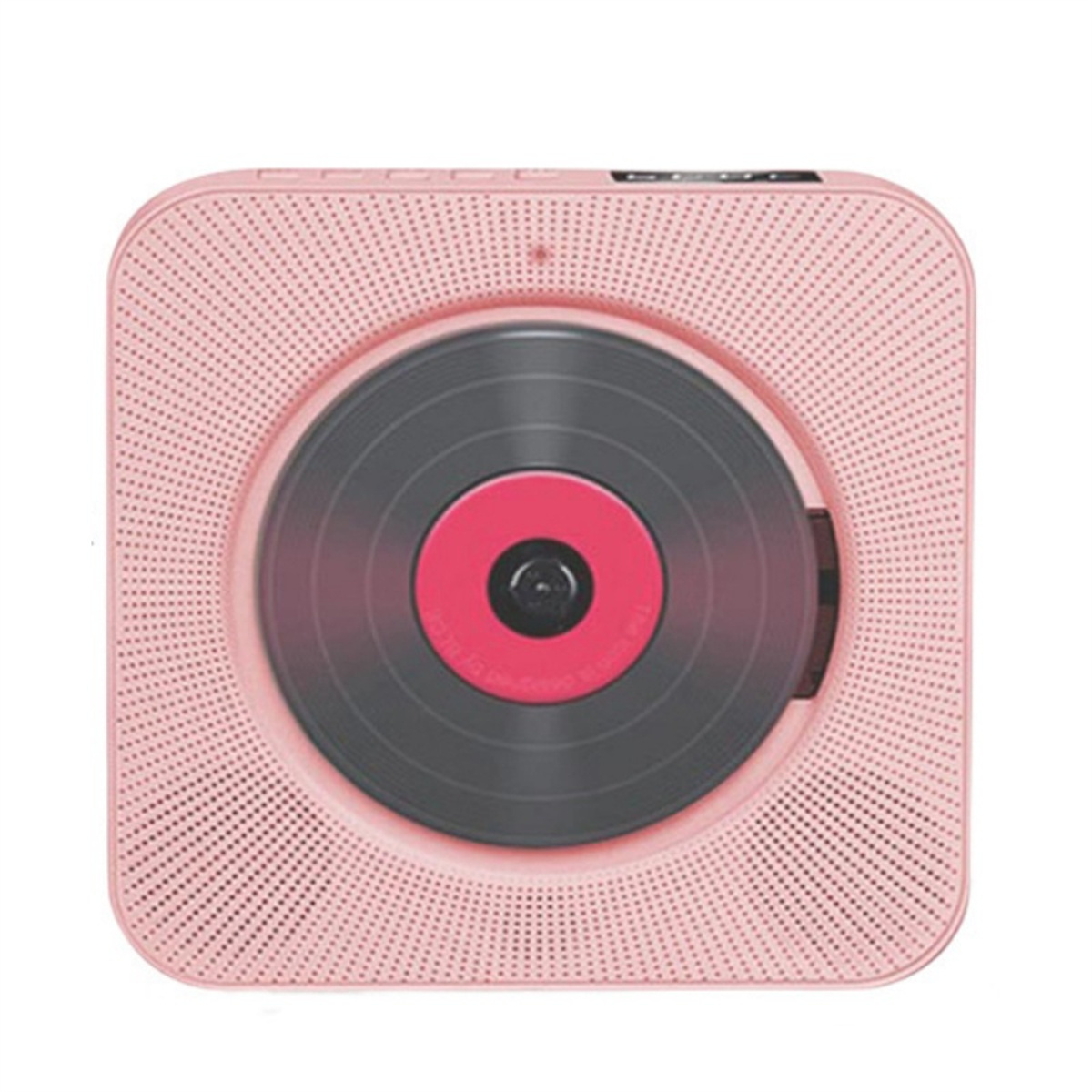 Rosa Wand-CD-Player mit Vinyl-Schallplatten-Design und perforiertem Lautsprecher.
